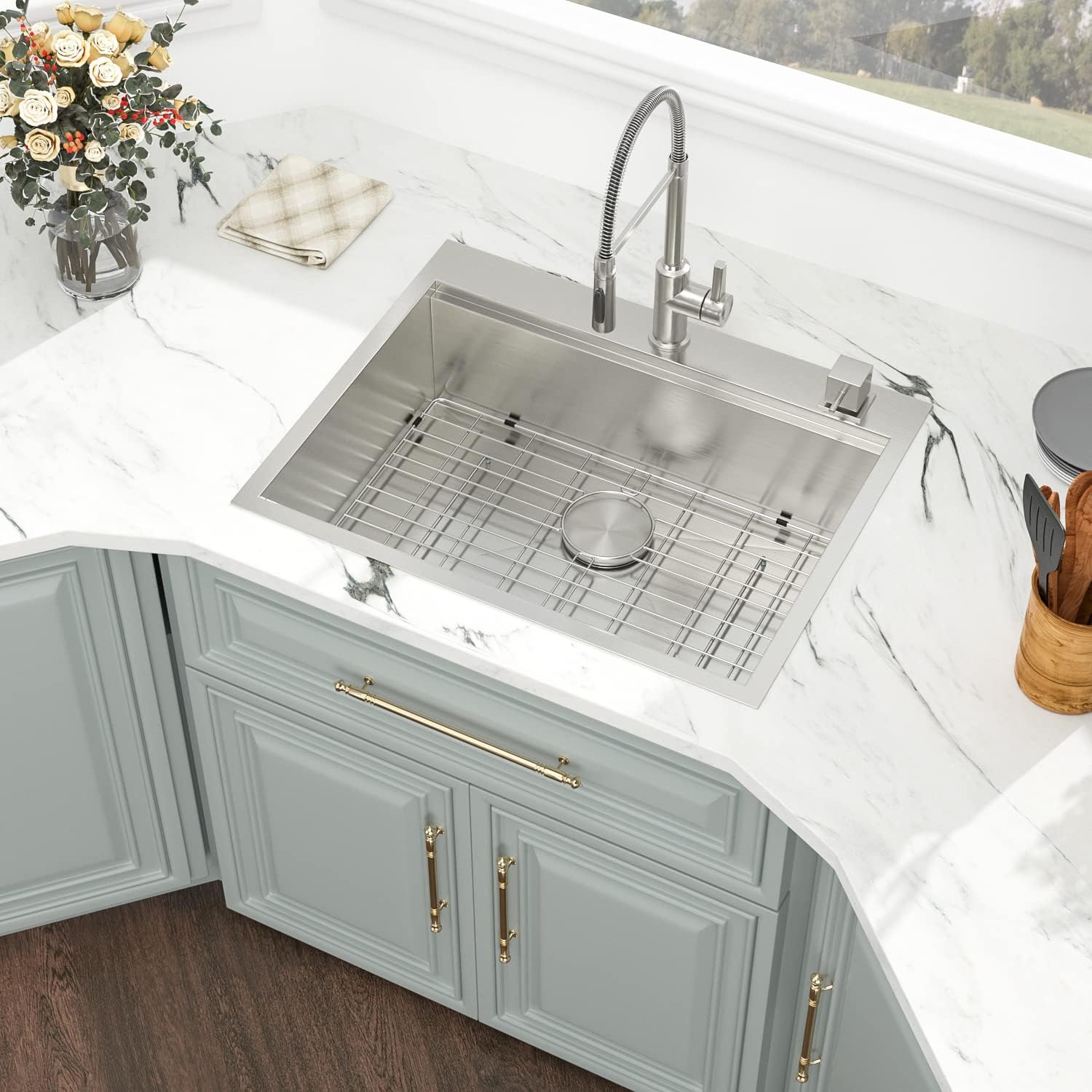 Kichae 28x22 Inch Stainless Steel Single Bowl Drop-In Kitchen Sink - Topmount/Overmount Handmade Basin Workstation for Modern Kitchens | Perfect for Meal Prep, Dishwashing & Small Space Cooking