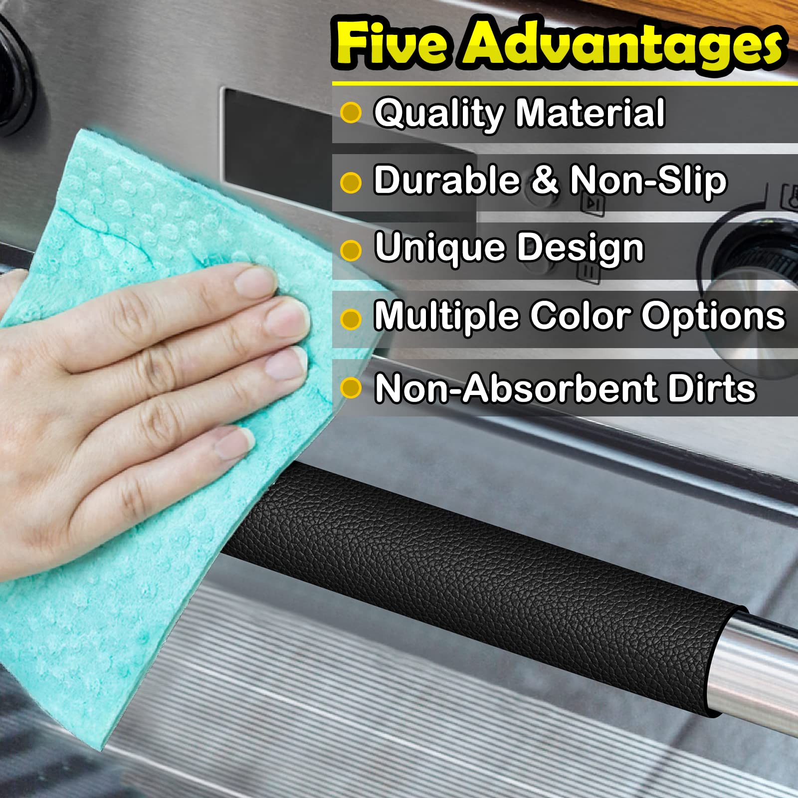 6PCS Leather Refrigerator Door Handle Covers - Kitchen Appliance Protectors for Fridge, Microwave, Oven, Stove & Dishwasher - Stain & Oil Resistant, Easy Clean, Time Saver - Black Kitchen Decor for Modern Homes