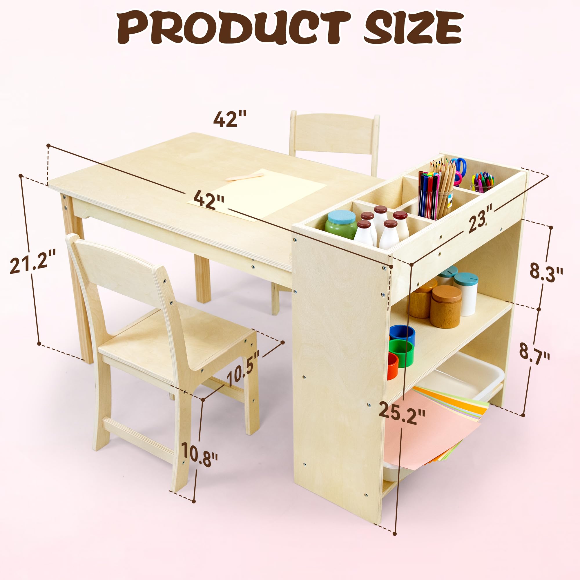 Kids Art Table and 2 Chairs Set - Natural Birch Wood Toddler Activity Desk with Storage, 42x23 Inch Drawing Craft Table for Children | Perfect for Playroom, Homeschooling & Creative Arts