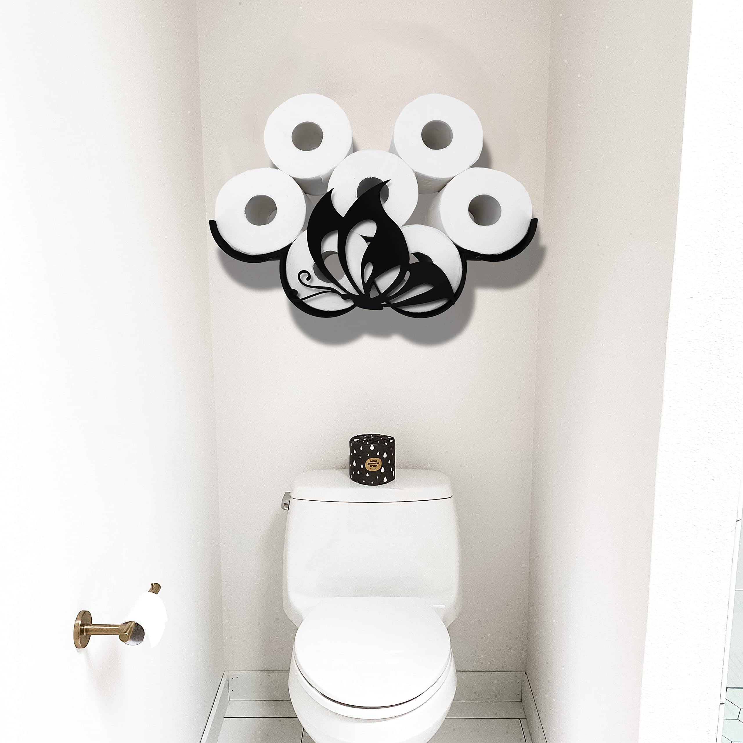 Black Butterfly Metal Wall Toilet Paper Holder - Decorative Animal Tissue Storage Organizer for Bathroom with 8-Roll Capacity - Perfect for Small Spaces, Powder Rooms & Farmhouse Style Decor