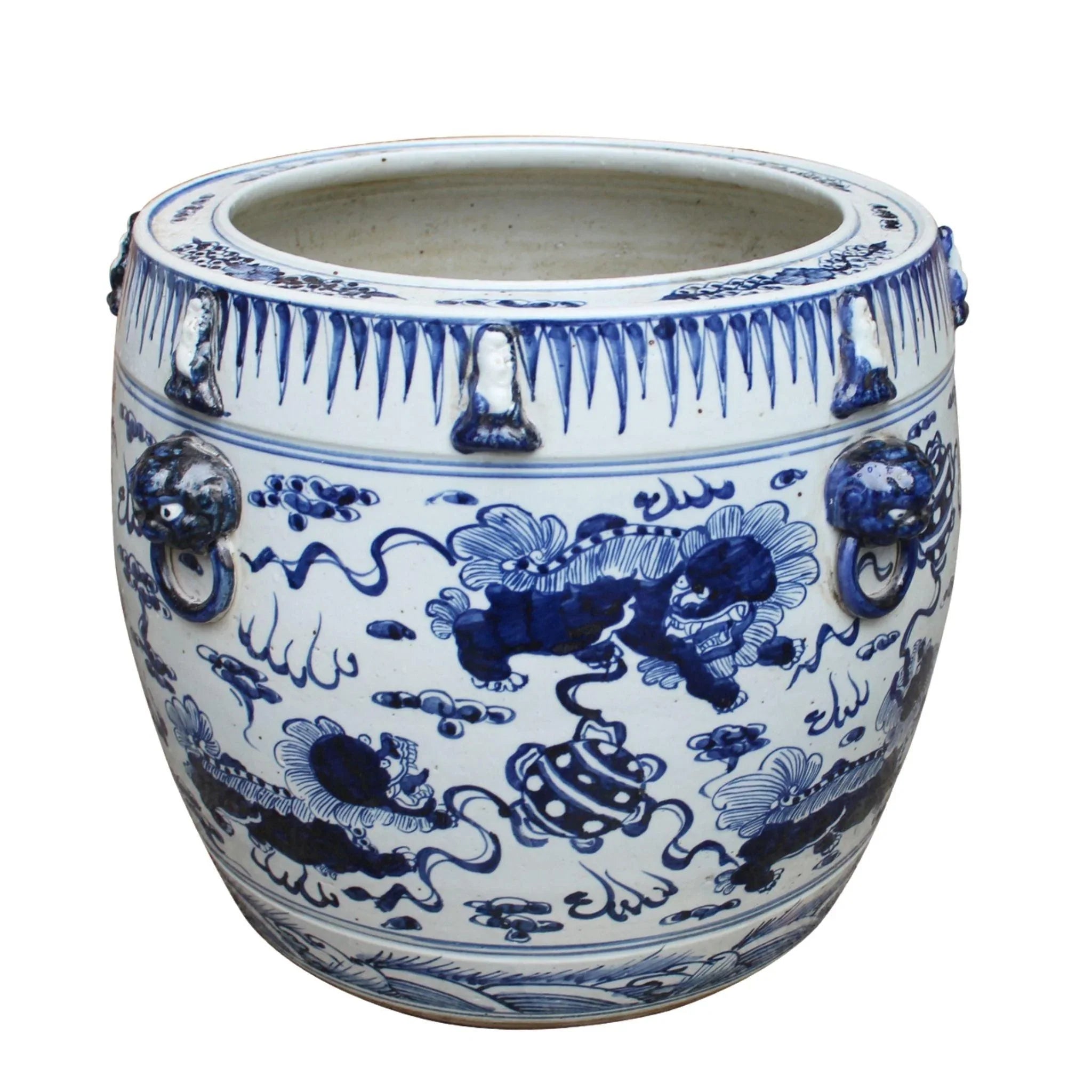 Blue and White Lion Drum Shaped Porcelain Planter - Handcrafted Ceramic Flower Pot for Home Decor, Office & Garden | Perfect for Succulents, Plants & Indoor Greenery