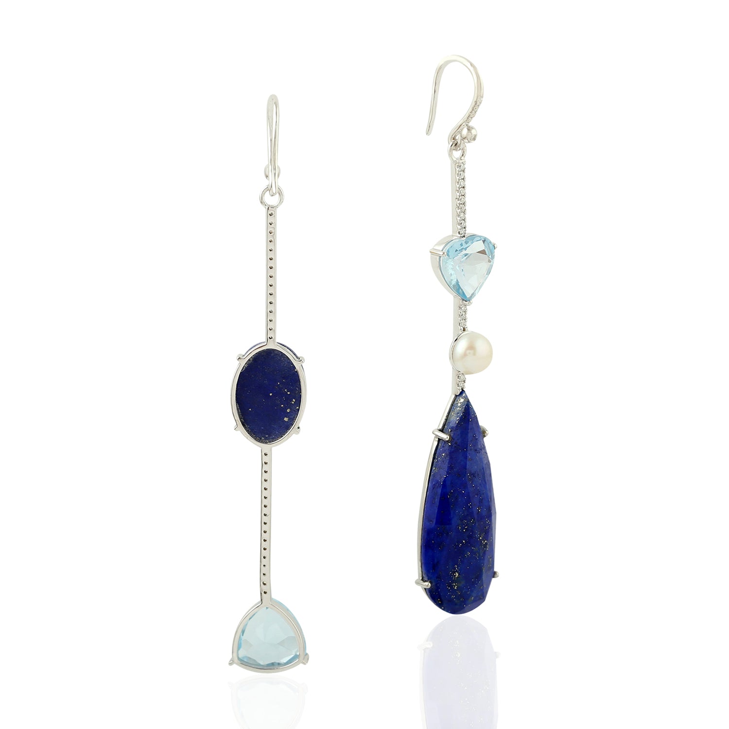 18K White Gold Lapis Topaz Pearl Diamond Mismatch Hook Earrings - Elegant Statement Jewelry for Parties, Weddings & Special Occasions