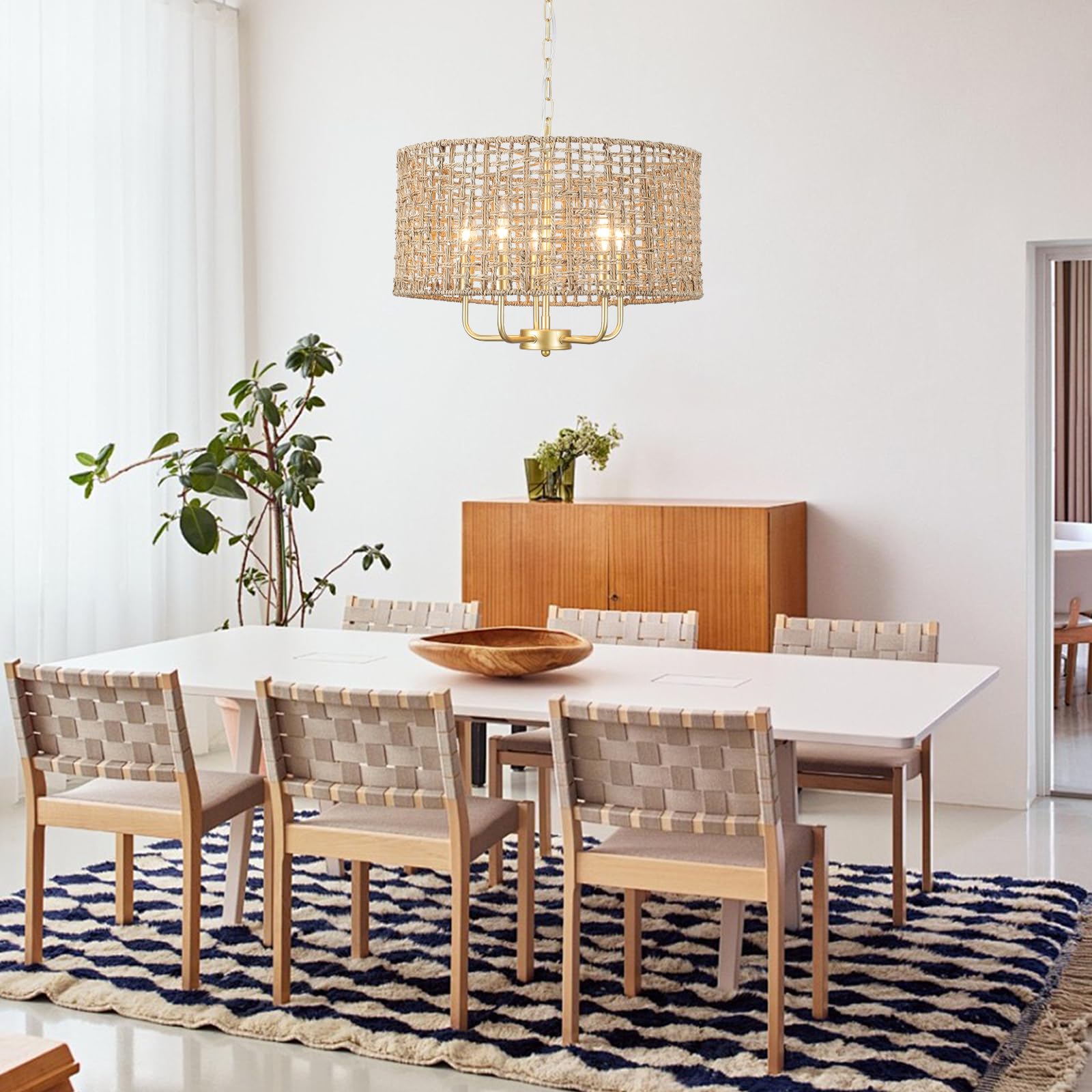 Boho Rattan Chandelier 5-Light Gold Woven Pendant Light, Coastal Wicker Drum Chandelier for Dining Room, Kitchen Island, Bedroom, Living Room, Entryway, Perfect for Farmhouse, Beach House, and Modern Interiors