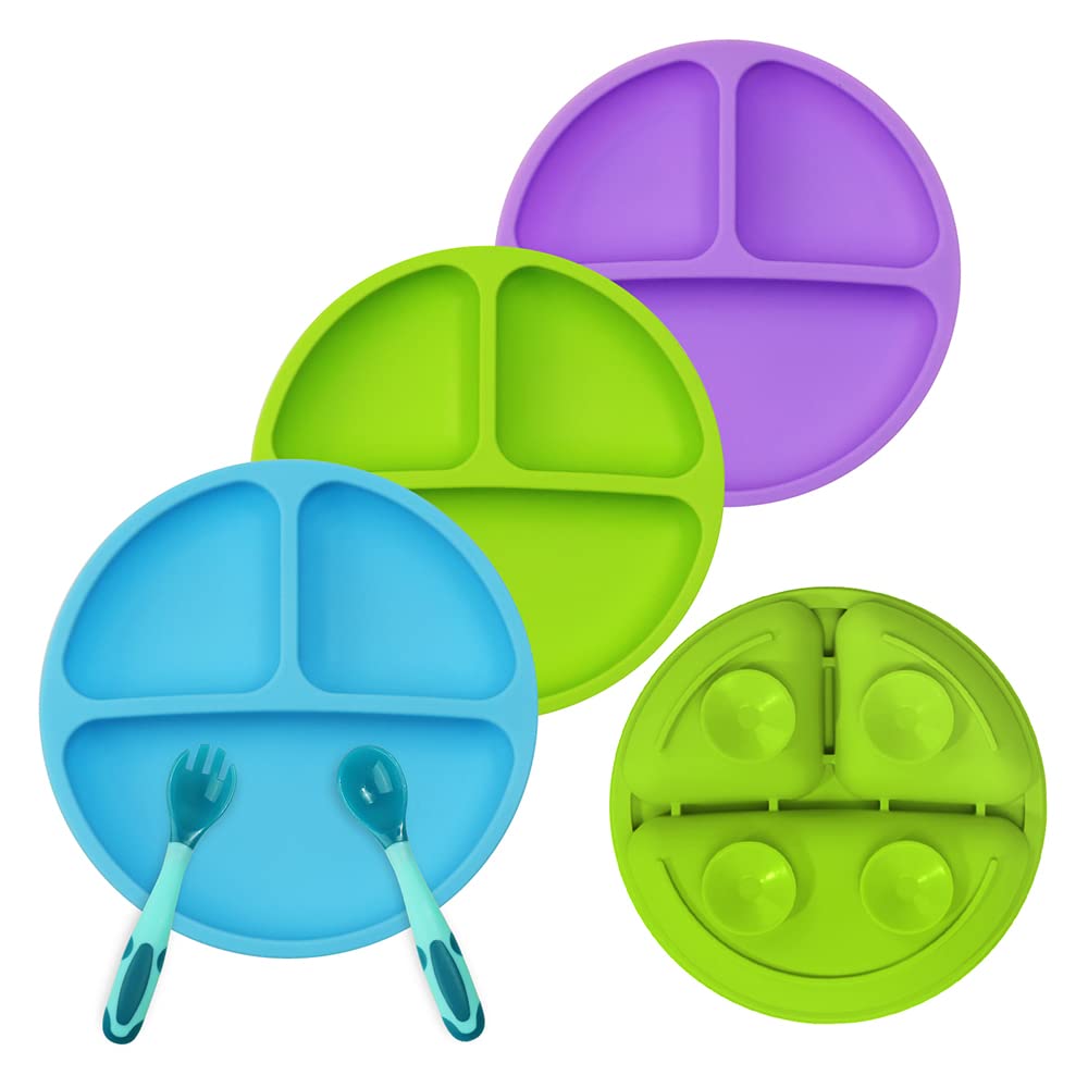 Wee me Suction Plates for Babies & Toddlers - BPA-Free Silicone Baby Plates with Spoon and Fork Set - Dishwasher & Microwave Safe, 3 Pack - Perfect for Home, Travel, and Daycare Use