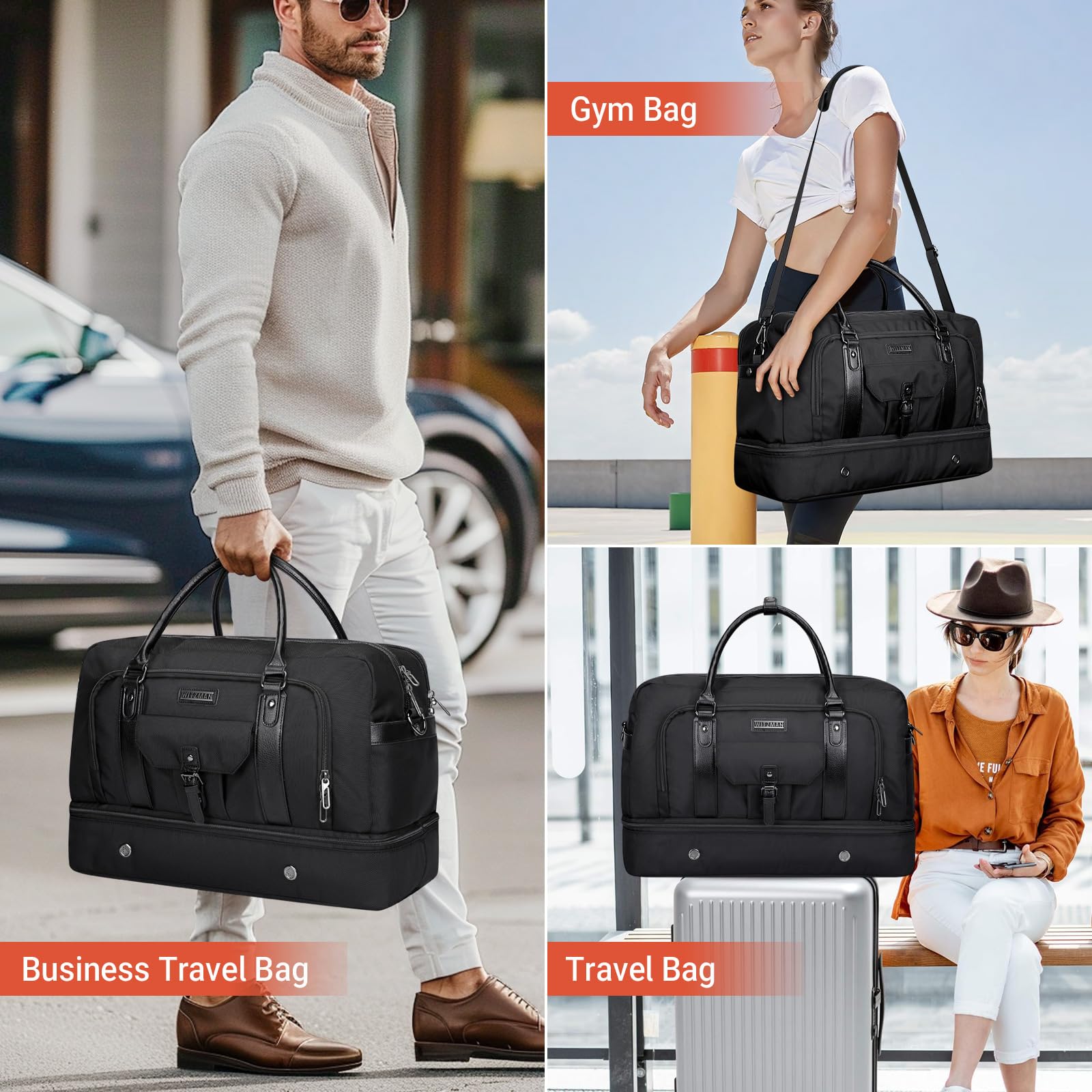 WITZMAN Weekender Travel Duffle Bag for Men & Women - Carry On Overnight Bag with Toiletry Kit & Shoe Compartment (Black B694) - Perfect for Gym, Business Trips & Weekend Getaways