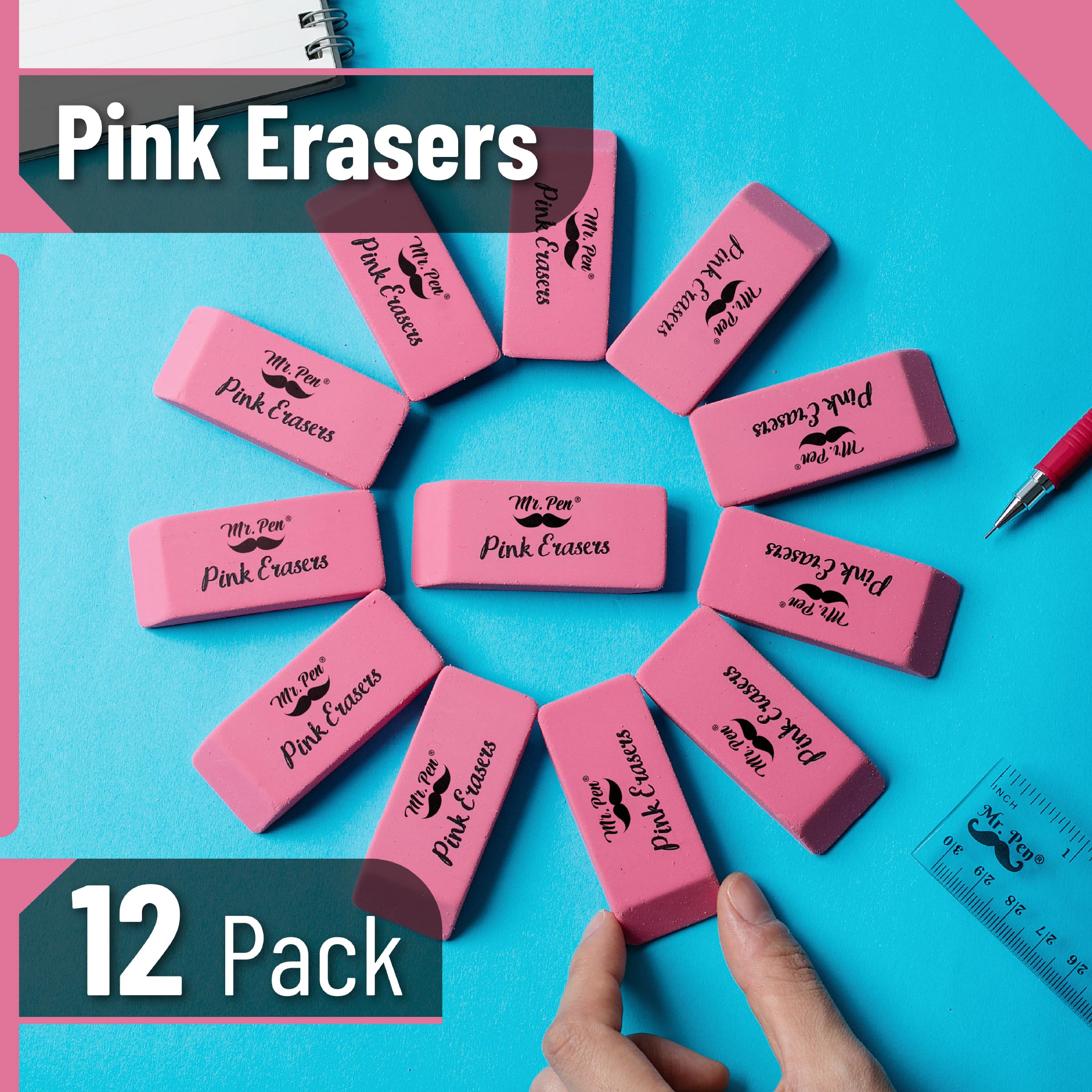 Mr. Pen Pink Pencil Erasers - Large Size (12 Pack) - Premium Quality Erasers for School, Office & Art Projects - Perfect for Students, Teachers & Professionals