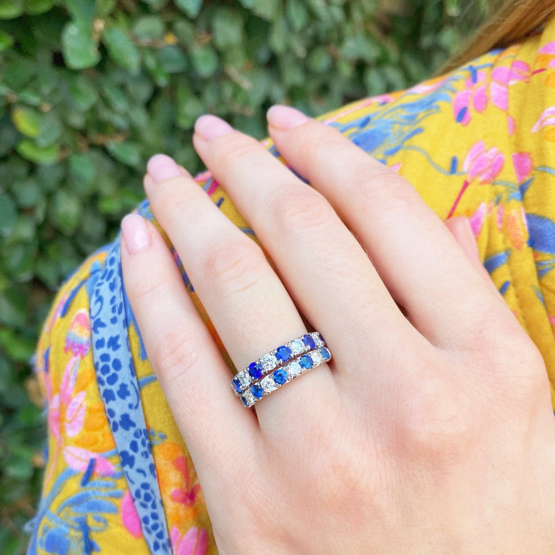 14K White Gold Round Sapphire & Diamond Eternity Band Ring for Women - Perfect for Weddings, Anniversaries & Special Occasions