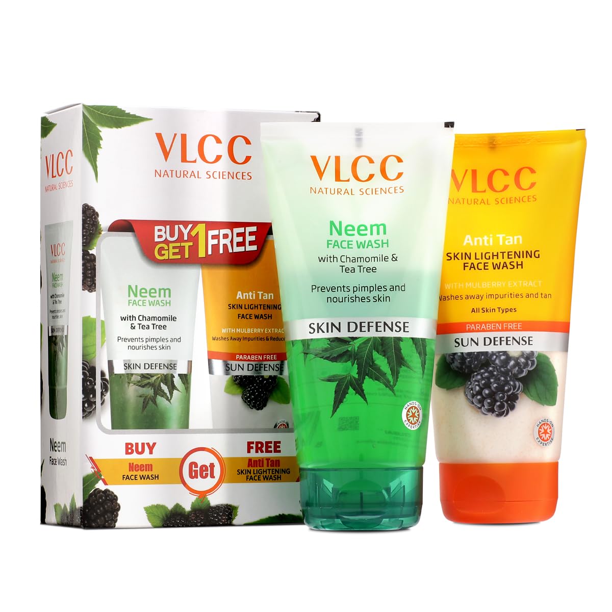 VLCC Neem Face Wash & Anti Tan Face Wash Combo - 150ml x 2 (300ml Total) - Buy 1 Get 1 Free - with Neem Extract, Chamomile Oil, Tea Tree Oil & Mulberry Extract - Deep Cleansing for Acne, Brightening for Dull Skin - Perfect for Daily Skincare Routine & Travel