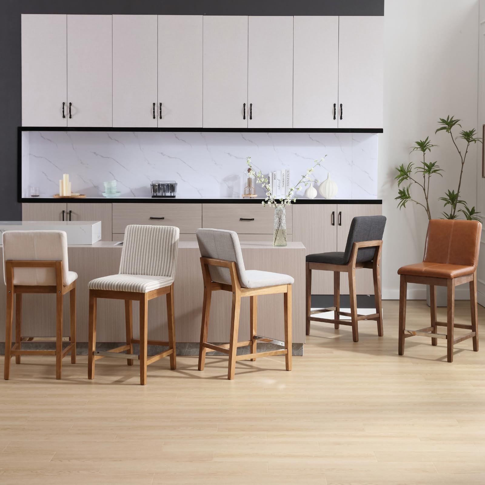Set of 4 Mid-Century Modern Counter Stools - 26 Inch Height with Linen Upholstery & Wood Frame - Perfect for Kitchen Islands, Home Bars, and Patio Dining - Light Grey Fabric Seating