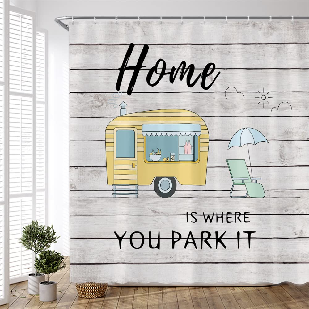 Rustic Cabin RV Shower Curtain - Waterproof Polyester Fabric with Hooks for Campers, Trailers & RVs - Farmhouse Country Camper Bathroom Decor - Perfect for Summer Beach, Ocean Theme & Outdoor Adventures