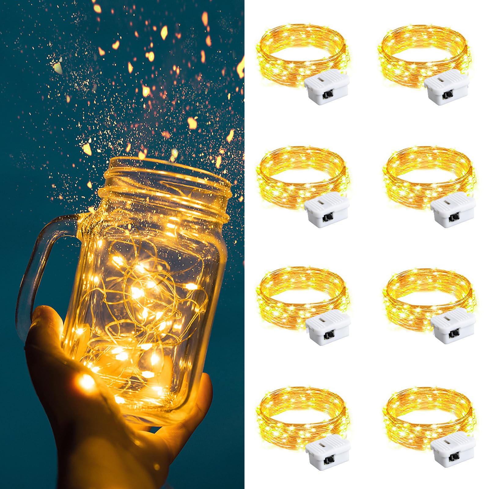 8 Pack Fairy Lights Battery Operated - 20 LED 7FT Warm White Twinkle String Lights with 3 Lighting Modes, Waterproof for Indoor Outdoor Decor - Perfect for Bedroom, Halloween, Christmas, Party, Garden, Wedding and Home Decoration