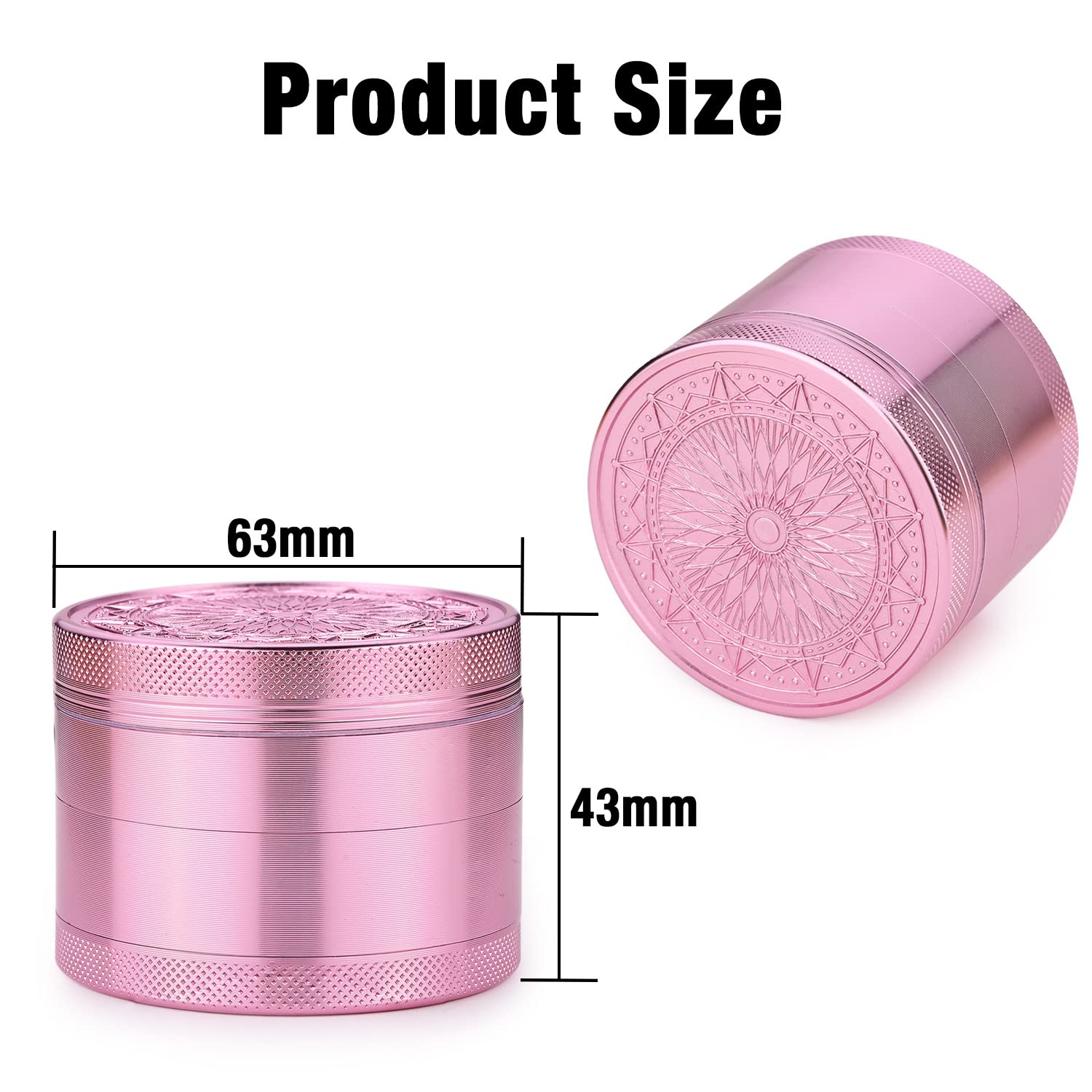 Premium Spespo 2.5 Inch (63mm) Aluminum Herb Grinder with Floral Design - 4 Piece Large Grinder with Pollen Scraper (Pink) - Perfect for Grinding Herbs, Spices & Tobacco at Home or On-The-Go