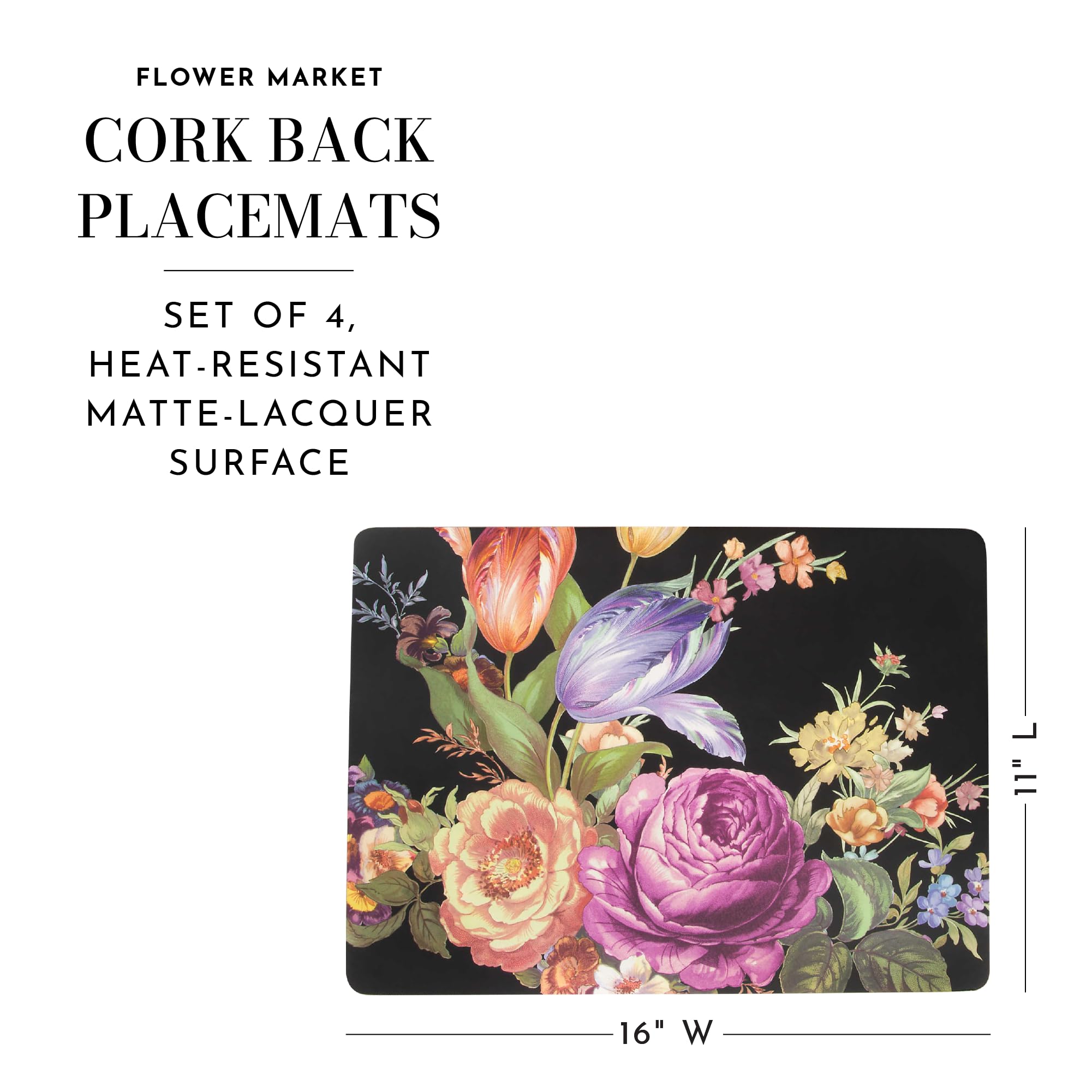 MacKenzie-Childs Flower Market Placemats Set of 4 - Lapis Black Washable Table Mats with Hard Finish for Dining Table Decor, Kitchen, and Party Settings