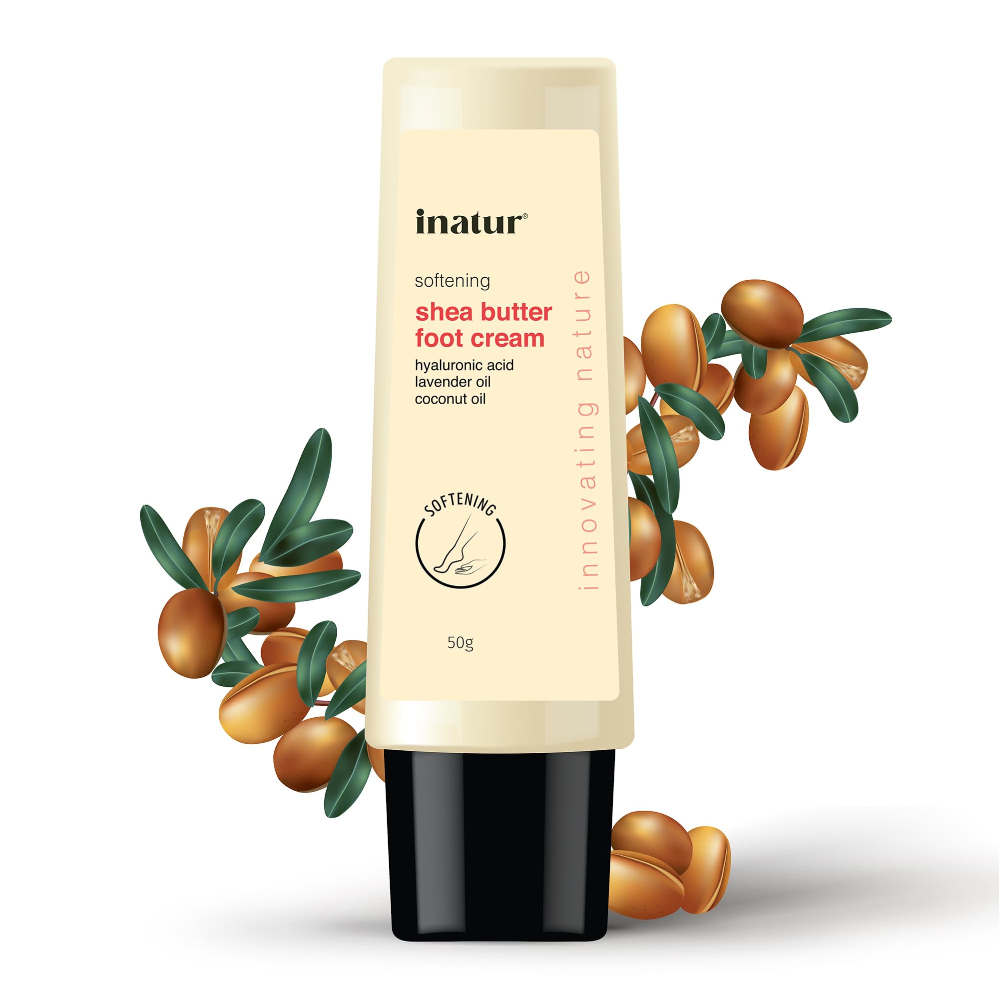 inatur Shea Butter Foot Cream for Dry Cracked Feet - Moisturizing & Repairing Foot Balm with Coconut Oil, Lavender & Hyaluronic Acid - Intensive Hydration Treatment for Rough Heels - 50g Foot Care for Men & Women - Perfect for Pedicures, Night Foot Masks & Winter Foot Care