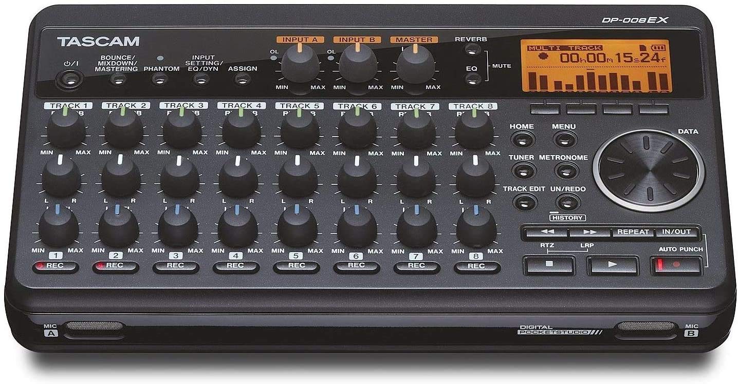 Tascam DP-008EX 8-Track Digital Audio Recorder with Pro Headphones, XLR Cables & Phone Holder - Portable Music Studio for Home Recording, Podcasting & Songwriting