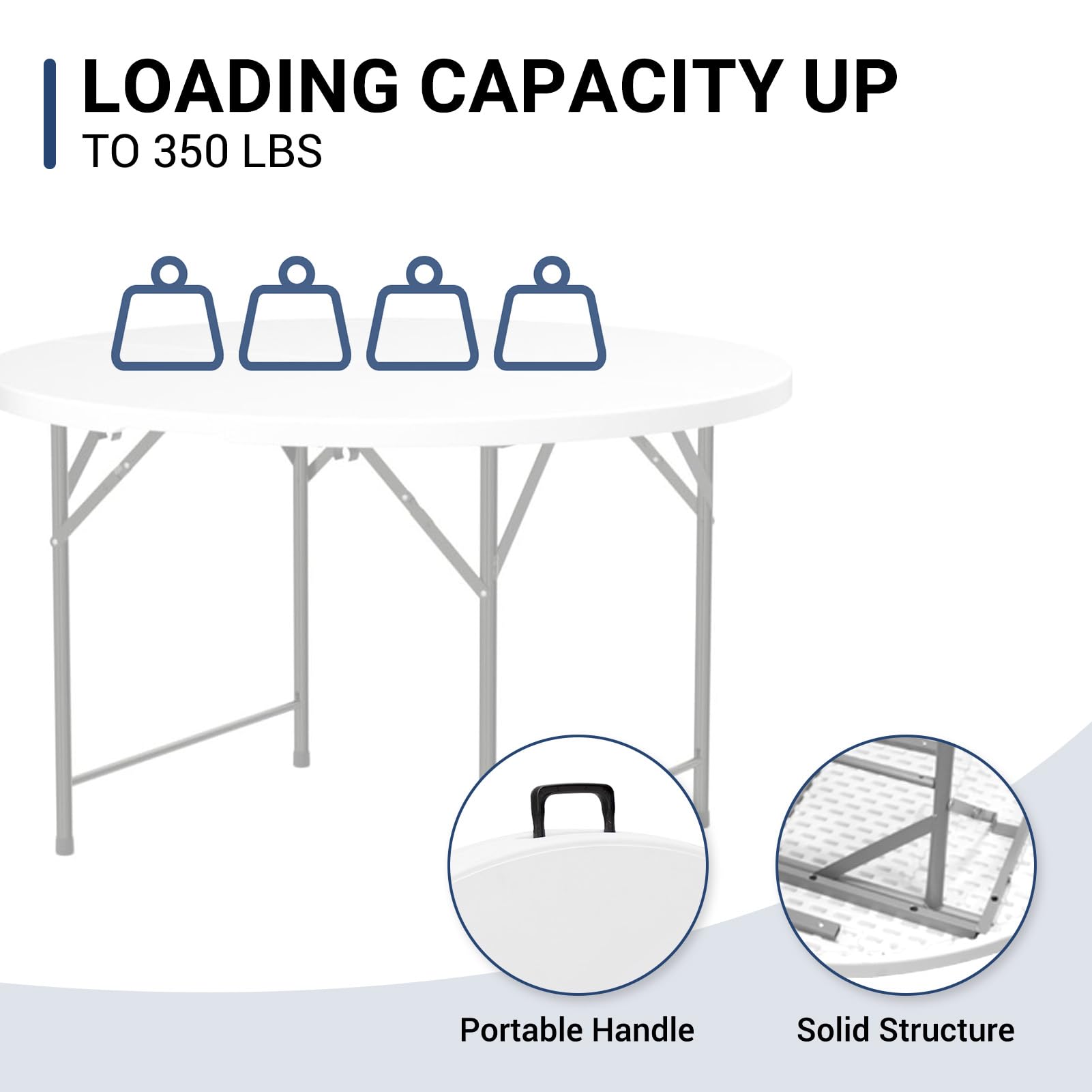 48in Round Folding Table with Carrying Handle - White 4ft Portable Plastic Dining Table for Kitchen, Outdoor, Party, Wedding & Events | Perfect for Picnics, BBQs, Banquets and Home Use
