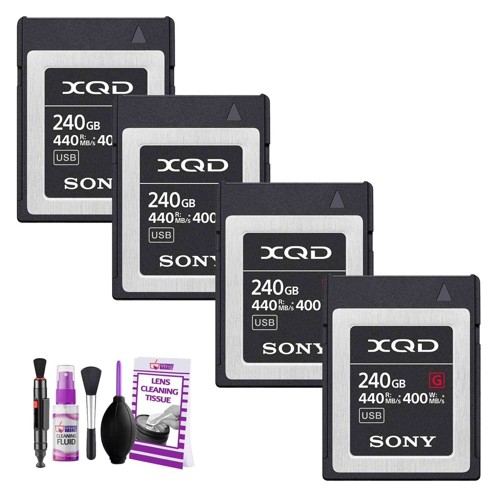 Sony XQD G Series 240GB Memory Card (QD-G240F) 4-Pack with Free Camera Cleaning Kit - High-Speed Professional CFexpress for DSLR, Mirrorless Cameras - Perfect for 4K Video, Sports & Wildlife Photography