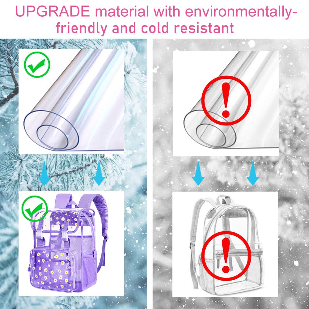 3PCS Clear PVC Backpack for Women & Girls - Heavy Duty See Through School Bookbag with Lunch Box, Large Stadium Approved Transparent Backpack (Purple Daisy) - Perfect for School, Concerts, Travel & Security Checkpoints