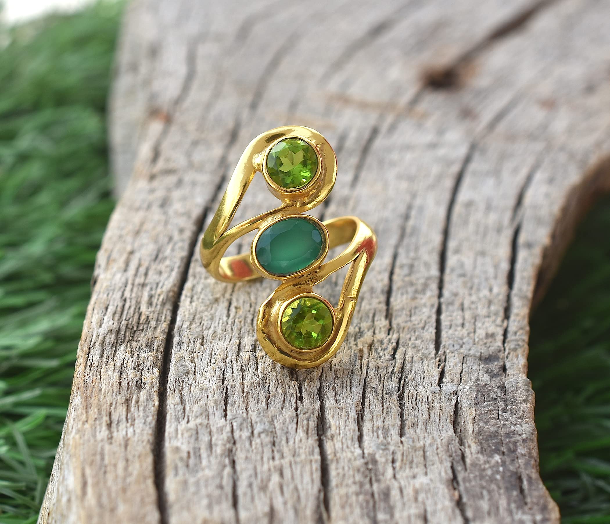Veracity Jewelry 18K Gold Plated Peridot & Green Onyx Ring for Women - Handmade Multi Gemstone Statement Ring - Elegant Gift for Her | Perfect for Weddings, Parties & Special Occasions
