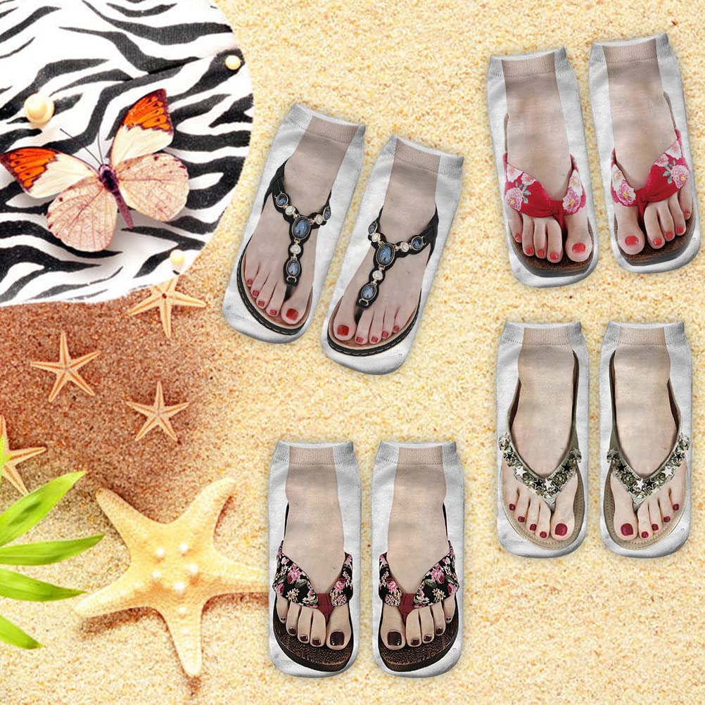 4 Pairs 3D Vivid Flip Flop Print Socks - Breathable Low Cut Ankle Socks for Women | Invisible No Show Boat Socks | Funny Novelty Yoga Running Socks for Girls - Perfect for Summer, Beach, Gym & Casual Wear