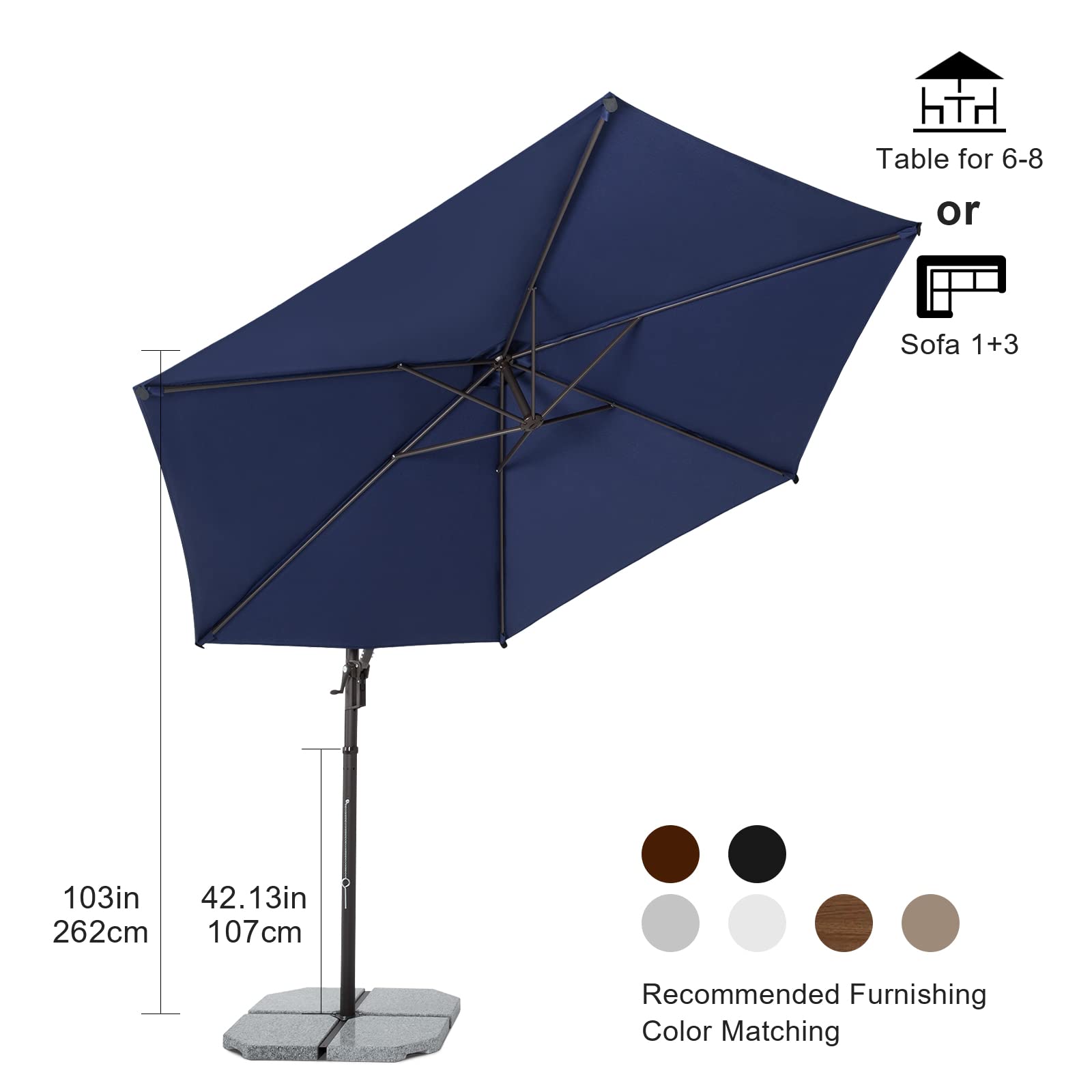 Premium Cantilever Patio Umbrella with Aluminum Stand - 3-Year Fade-Resistant Olefin Canopy, 360° Rotation & Adjustable Tilt - Perfect for Poolside, Deck, Garden, and Outdoor Dining Areas