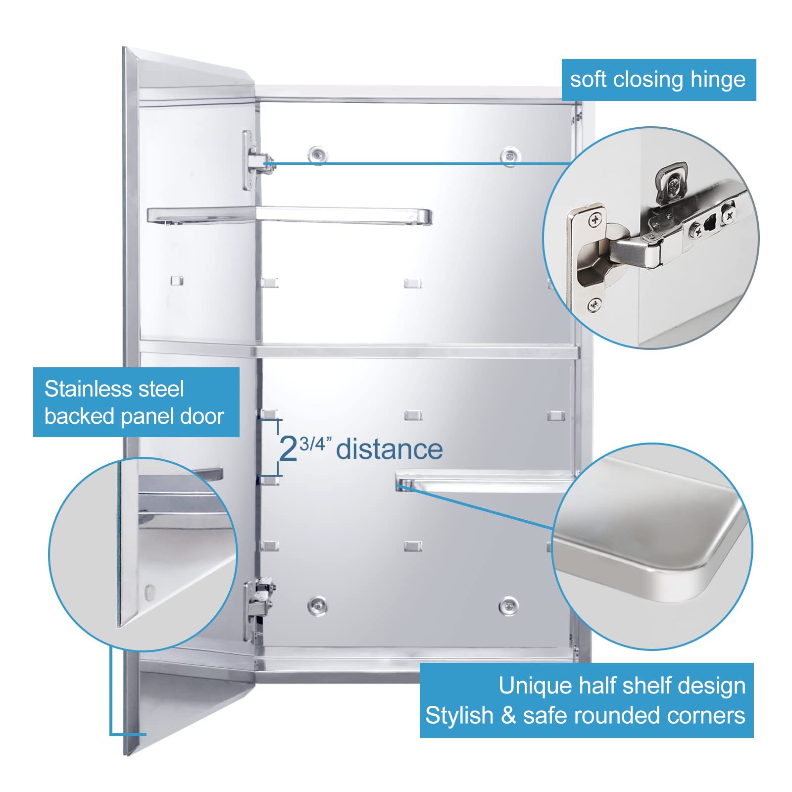 Stainless Steel Bathroom Wall Cabinet with Half Cut Shelves - 14.8 x 25.6 Inch Medicine Storage Cabinet for Bathroom, Living Room & Kitchen Organization - Perfect for Storing Toiletries, Medicines & Small Essentials