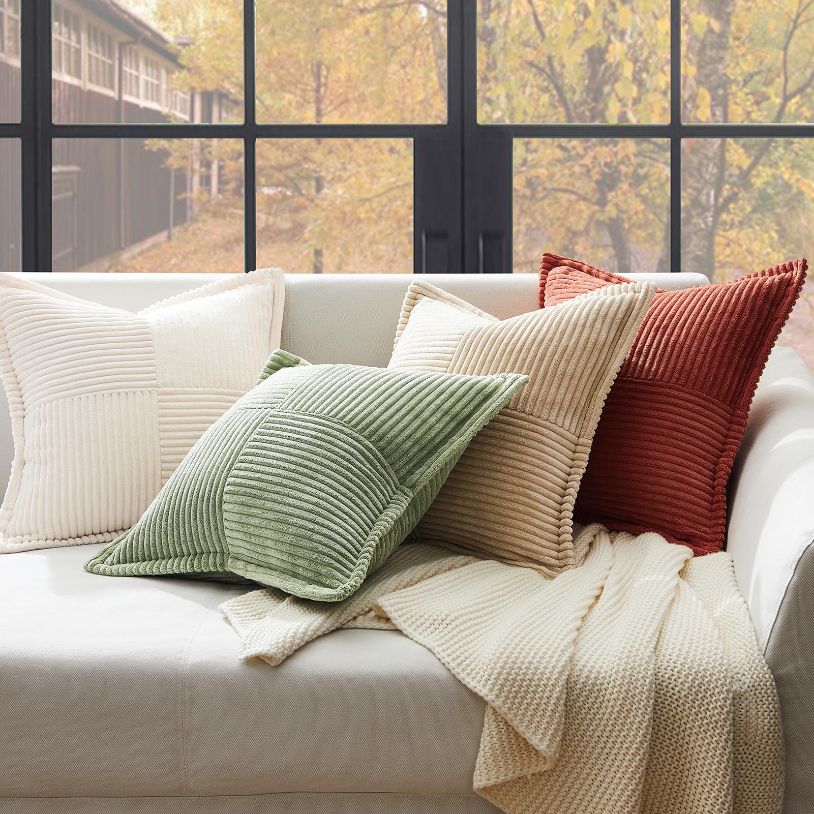 Premium Fluffy Autumn Decorative Pillow Covers 16x16 Inch (40x40cm) - Soft Sage Green Cushion Cases with Hidden Zipper for Sofa, Bed, Living Room & Bedroom - Set of 2 Cozy Home Decor Accents for Fall Season