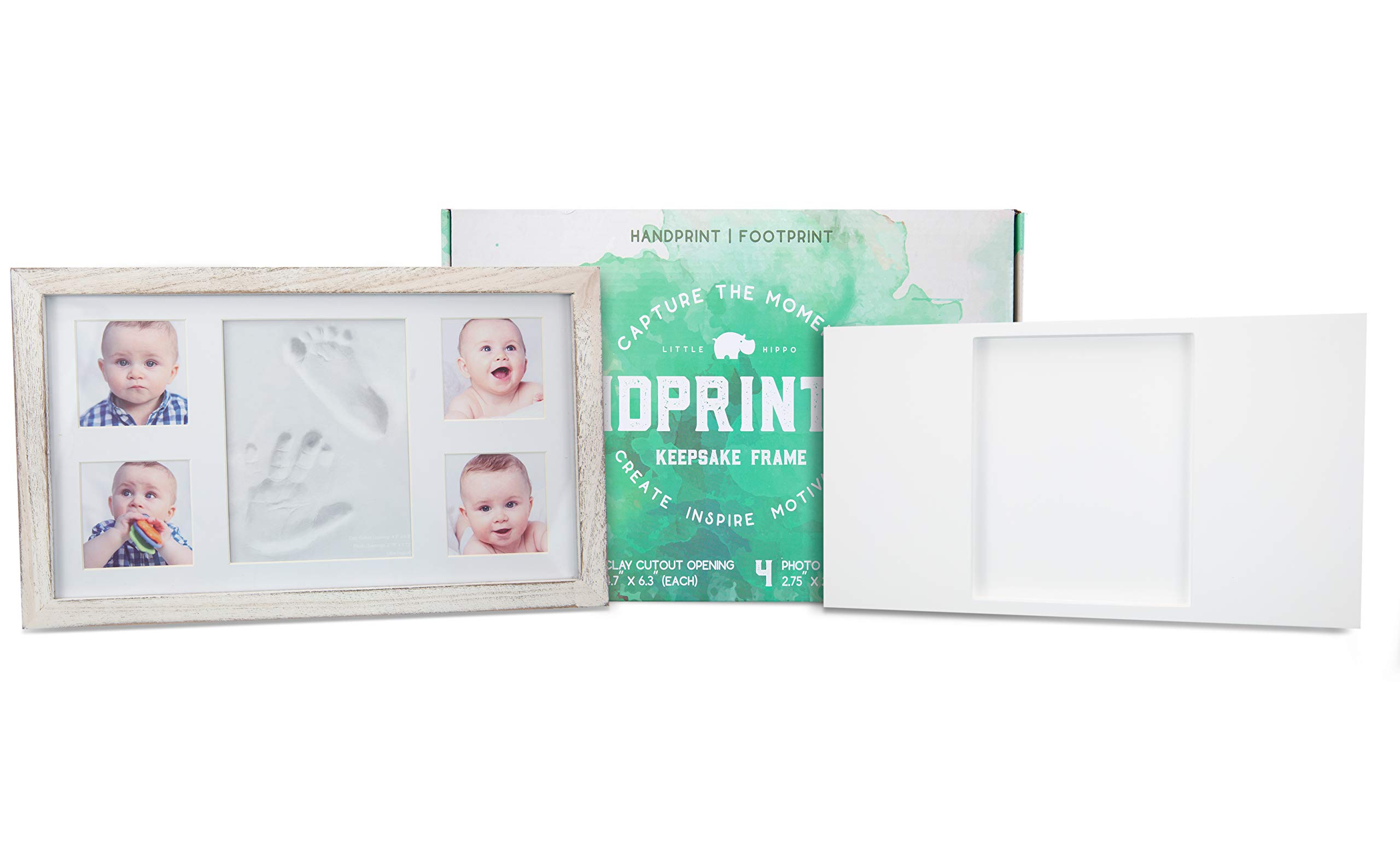 Little Hippo Baby Handprint and Footprint Kit | Rustic White Keepsake Frame for Newborns | DIY Baby Memory Craft for First Birthday, Christening, Nursery Decor (Large)