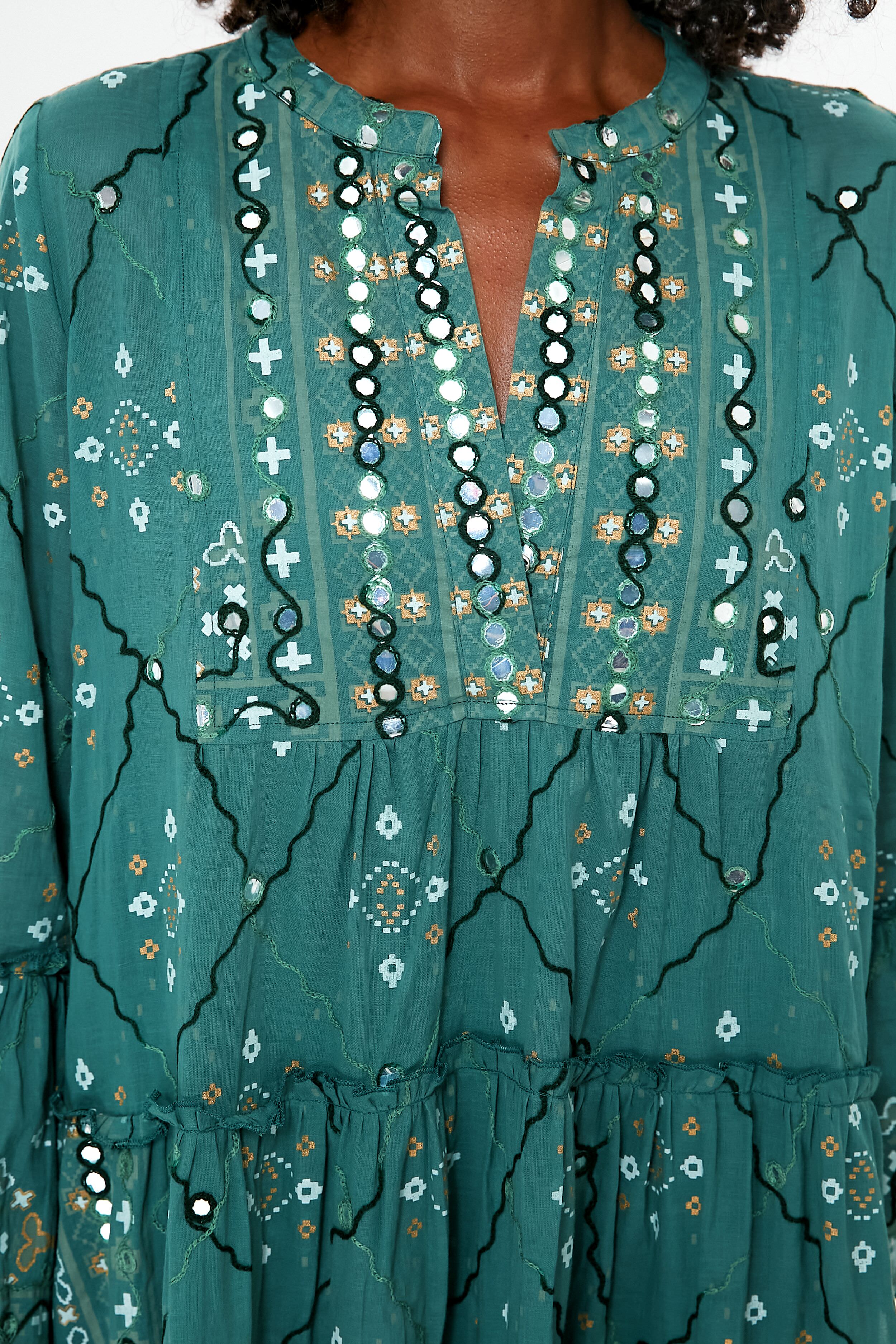 Elegant Green Mosaic Print Flared Sleeve Dress for Women | Vintage Inspired Party & Cocktail Dress | Perfect for Weddings, Date Nights and Special Occasions