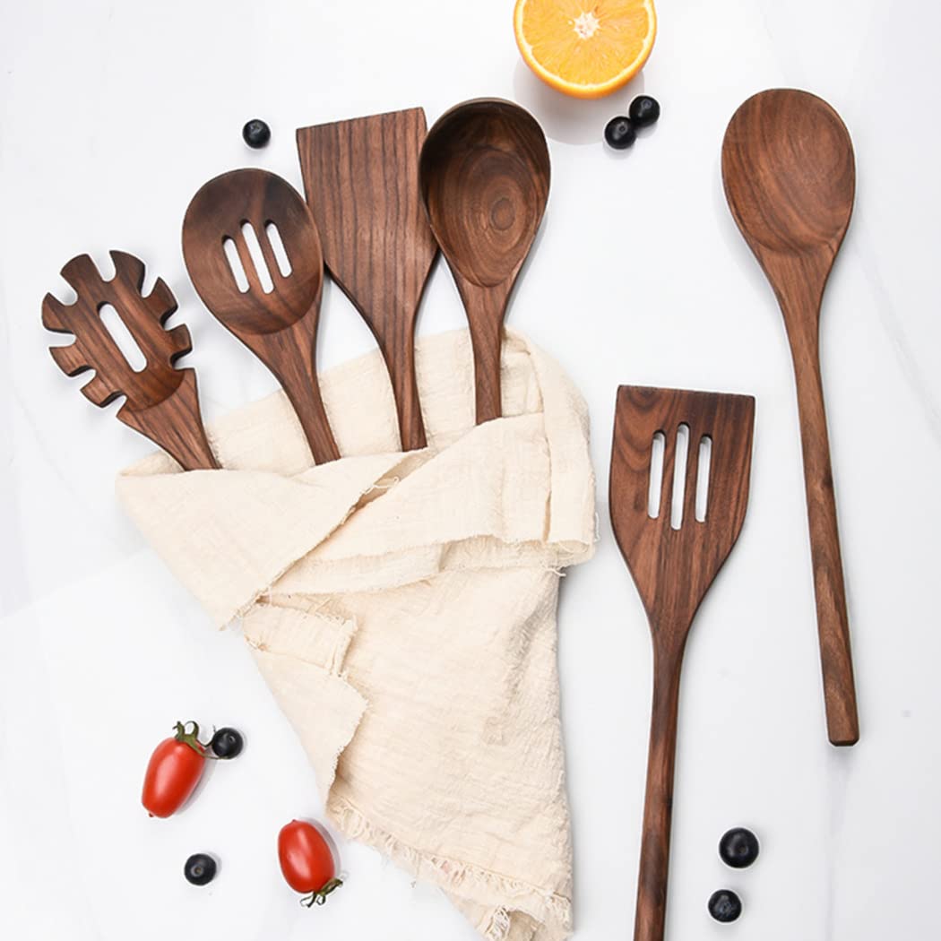 Premium Black Walnut Kitchen Utensils Set - Handmade Natural Wooden Spoons, Slotted Spoon, Spaghetti Server & Spatulas for Cooking & Serving | Ideal for Home Chefs, Gourmet Cooking & Elegant Dining