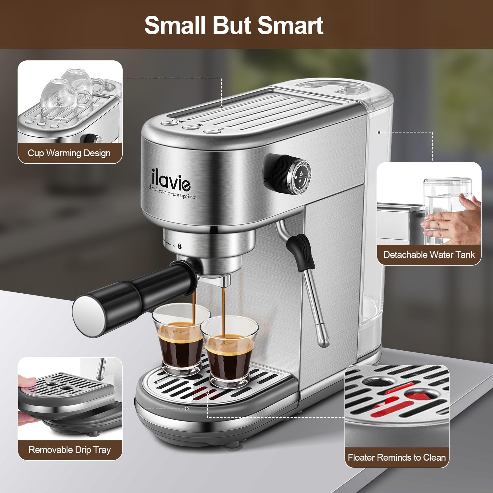 20 Bar Professional Espresso Coffee Maker for Home - Stainless Steel Cappuccino & Latte Machine with 40oz Detachable Water Tank, 1350W - Perfect for Coffee Shops, Offices & Home Baristas