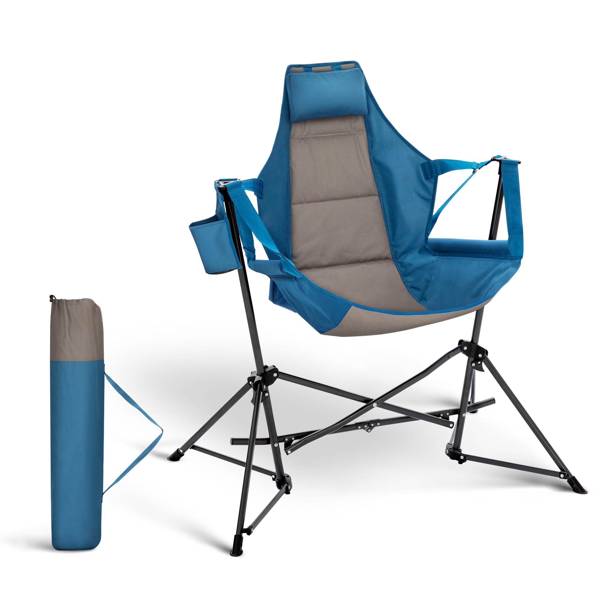 Portable Hammock Camping Chair for Adults - Adjustable Back & Swinging Design, Heavy Duty Folding Outdoor Rocking Chair with Cup Holder & High Back Support - Perfect for Backyard, Beach, Camping & Patio Relaxation (Blue)