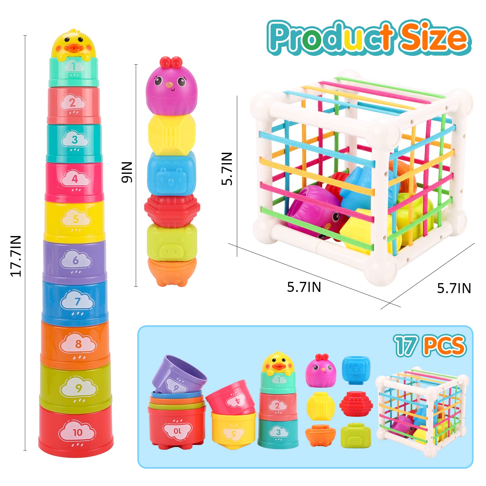 QIZEBABY Montessori Baby Toys for 6-18 Months - Sensory Shape Blocks & 10pc Stacking Cups Set, Early Learning Developmental Toys for 1-2 Year Old Boys Girls | Perfect for Toddler Playtime, Daycare & Montessori Classroom Activities