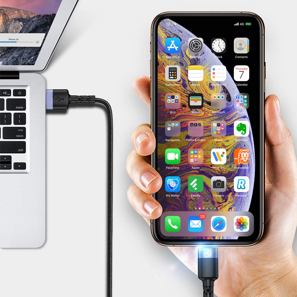 Premium TELLUR Nylon Braided USB to Lightning Cable with LED Indicator - 2M Fast Charging & Sync Cord for iPhone (Black) - Perfect for Home, Office & Travel Charging