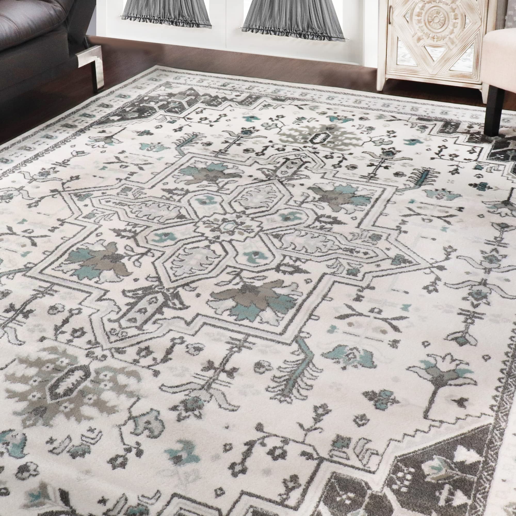 Premium Jute Backed Indoor Area Rug - Rustic Medallion Design 8' x 10' in Grey Ivory | Entryway, Hallway, Kitchen, Office, Bedroom, Living & Dining Room Decor | Soft & Durable Floor Covering for Cozy Home Atmosphere | Einsgrove Collection