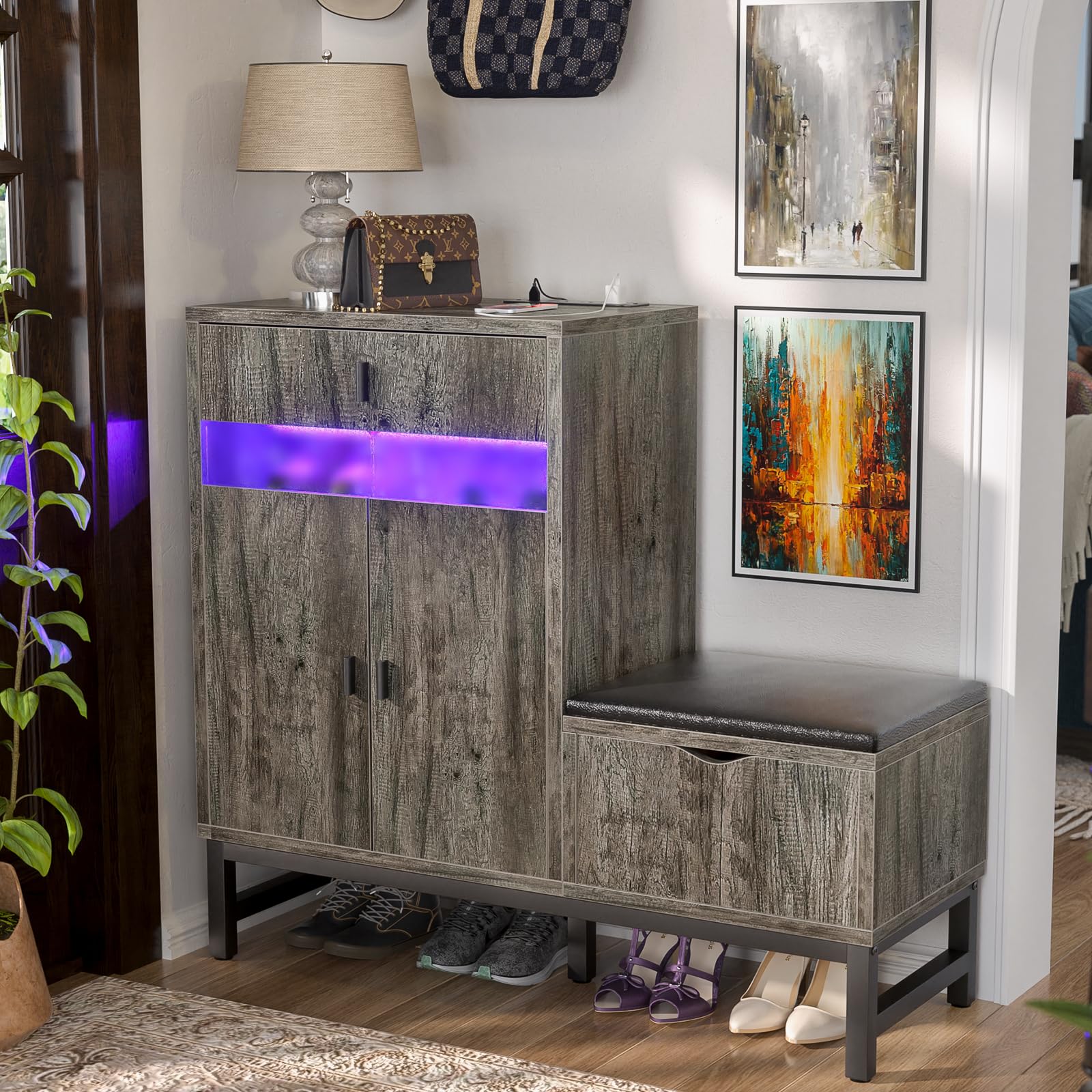 Armocity Freestanding Shoe Cabinet with LED Lights & Power Outlets - Reversible Entryway Shoe Storage Bench with Drawer & Hidden Compartment, Grey Oak - Perfect for Organizing Shoes in Hallway, Mudroom or Bedroom Closet