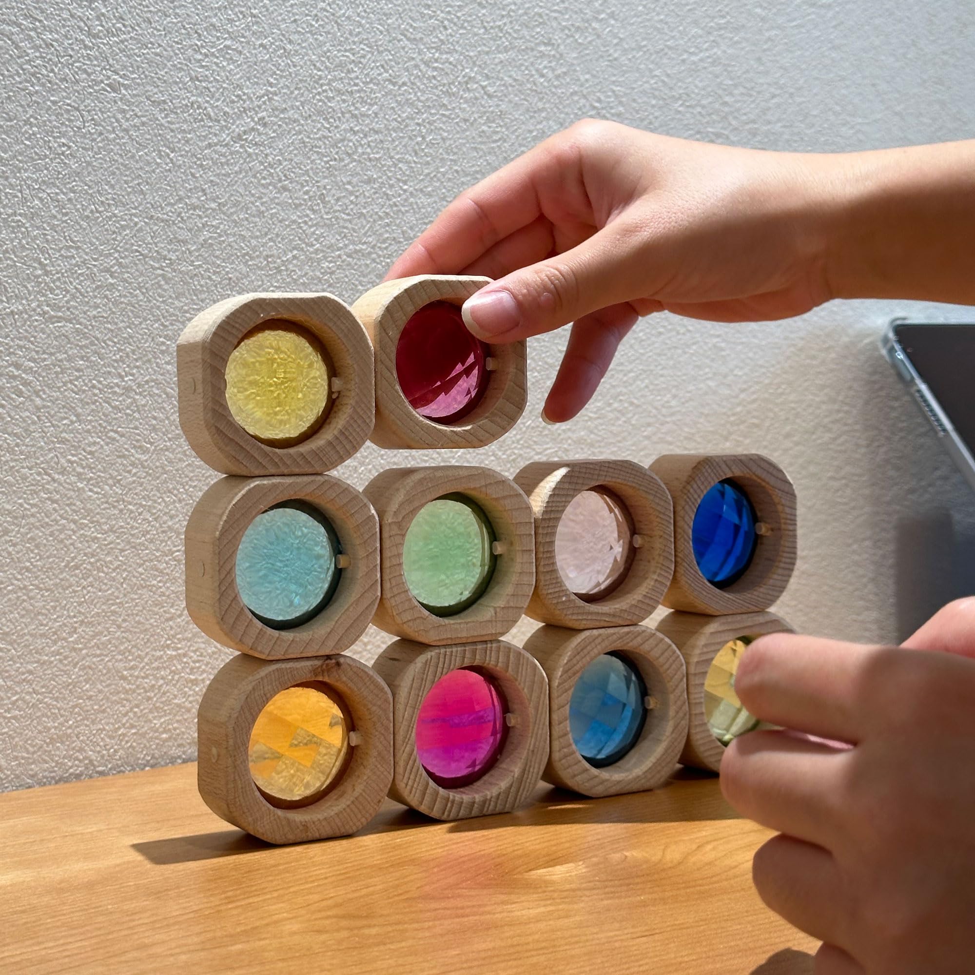 20PCS Wooden Gem Blocks Stacking Toys with Colorful Acrylic Windows - Rainbow Crystal Acrylic Building Cubes for Kids Educational Sensory Training - Perfect for Montessori Learning, Toddler Play & STEM Activities (Round Gem Blocks Set)