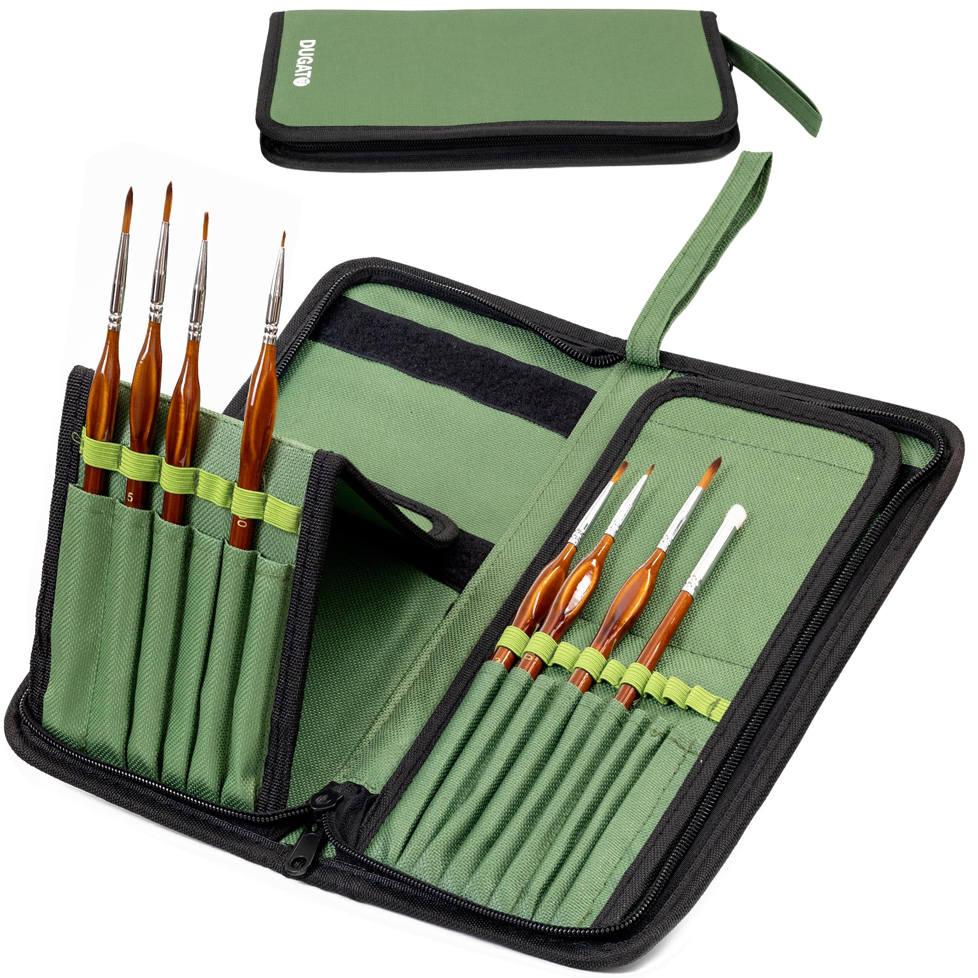 DUGATO Green Canvas Paint Brush Holder & Organizer - 15 Slot Artist Brush Carrying Case for Brushes up to 9.3 Inches (5.4x10.7 Inches) - Perfect for Watercolor, Acrylic & Oil Painting Supplies Storage (Brushes Not Included)