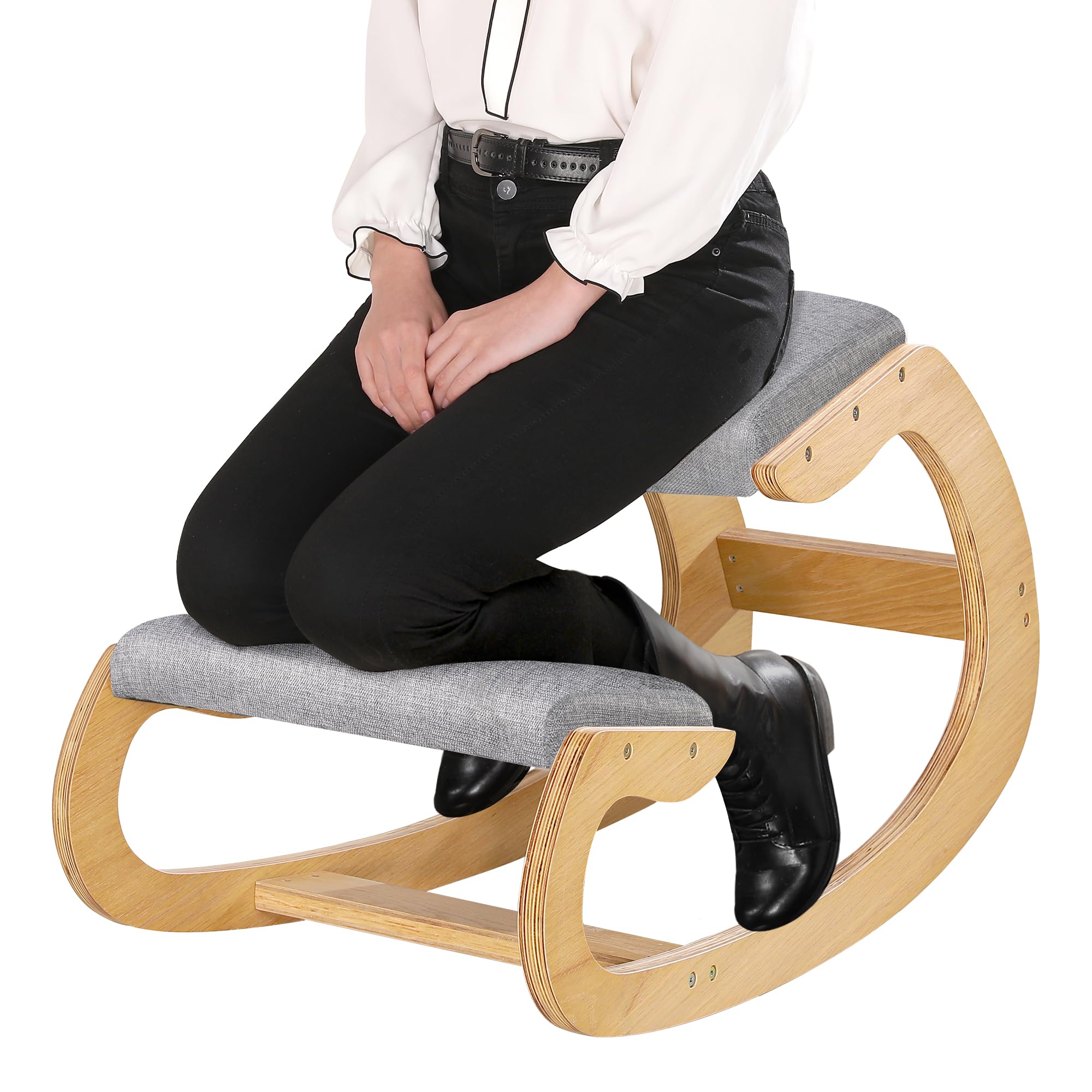 Ergonomic Kneeling Chair for Office & Home - Rocking Knee Stool with Wooden Frame & Linen Cushion - Improves Posture & Relieves Back/Neck Pain - White Oak Grey - Perfect for Meditation, Workstations & Pain Relief Therapy