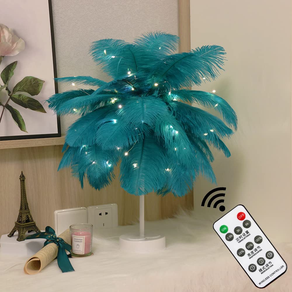 GUOCHENG Ostrich Feather Night Light - Remote Control LED Decorative Lamp with Feathers for Nursery, Girls Bedroom, Living Room & Wedding Decor | Romantic Mood Lighting for Bedside, Baby Room & Home Ambiance (Green)