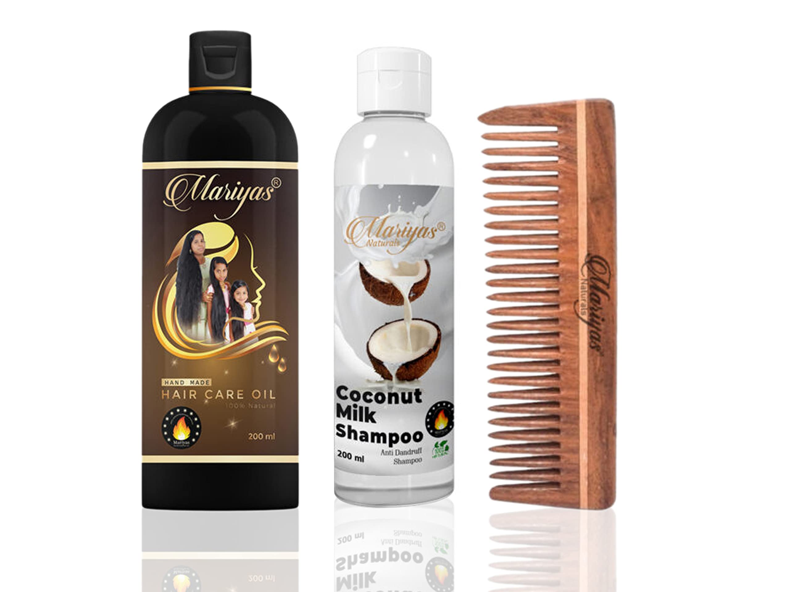 Mariyas Herbal Natural Hair Care Kit - 200ml Hair Oil, 200ml Coconut Milk Shampoo & Oil-Treated Neem Wooden Wide Comb | Ayurvedic Hair Growth Treatment for Dry, Damaged Hair | Perfect for Daily Hair Care & Scalp Massage at Home