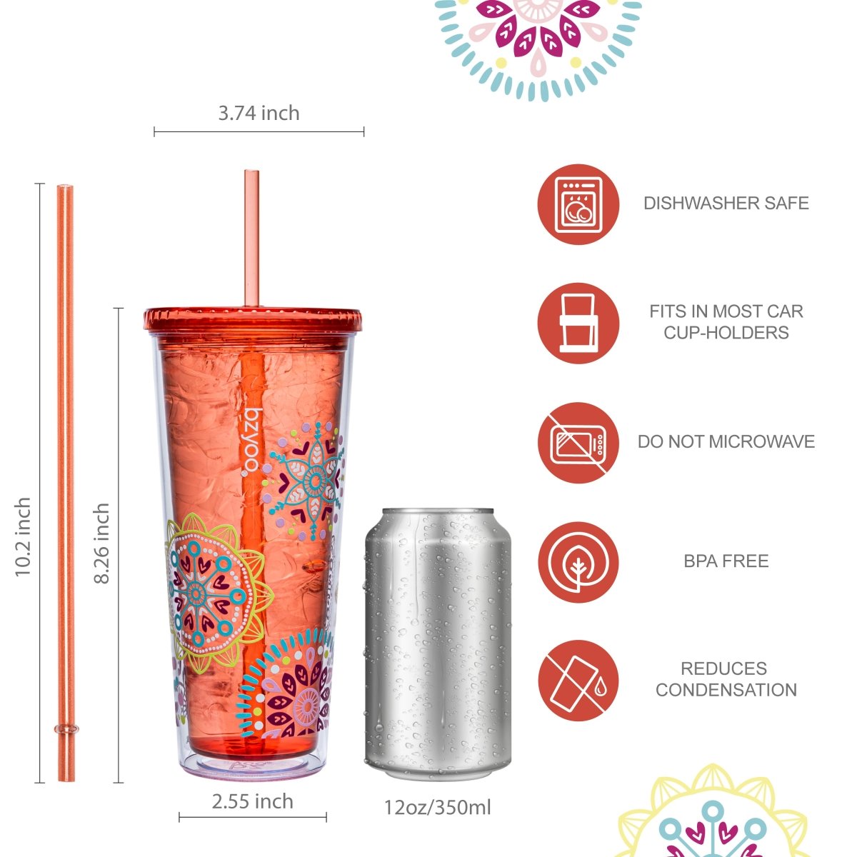 24oz Double Wall Insulated Plastic Tumbler with Lid & Straw - Leakproof Travel Mug, BPA-Free, Reusable Cold Drink Cup for Coffee, Iced Tea, Smoothies - Medallion Orange (Perfect for Office, Gym, Camping & Outdoor Activities)