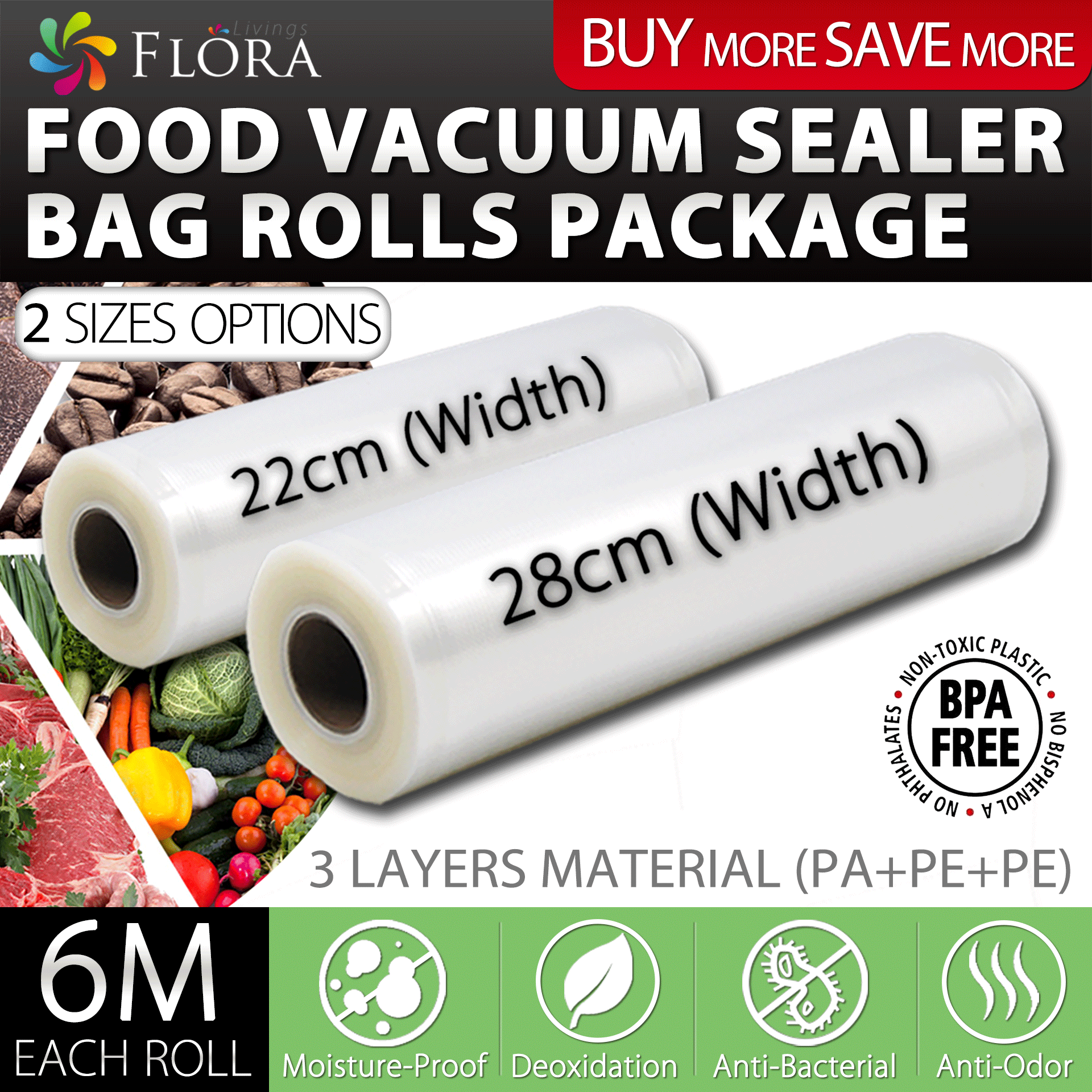 Flora Food Vacuum Sealer Bags Rolls - 6M (22cm or 28cm) for Fresh Food Storage | Airtight Kitchen Organization for Meal Prep, Sous Vide & Freezer Storage