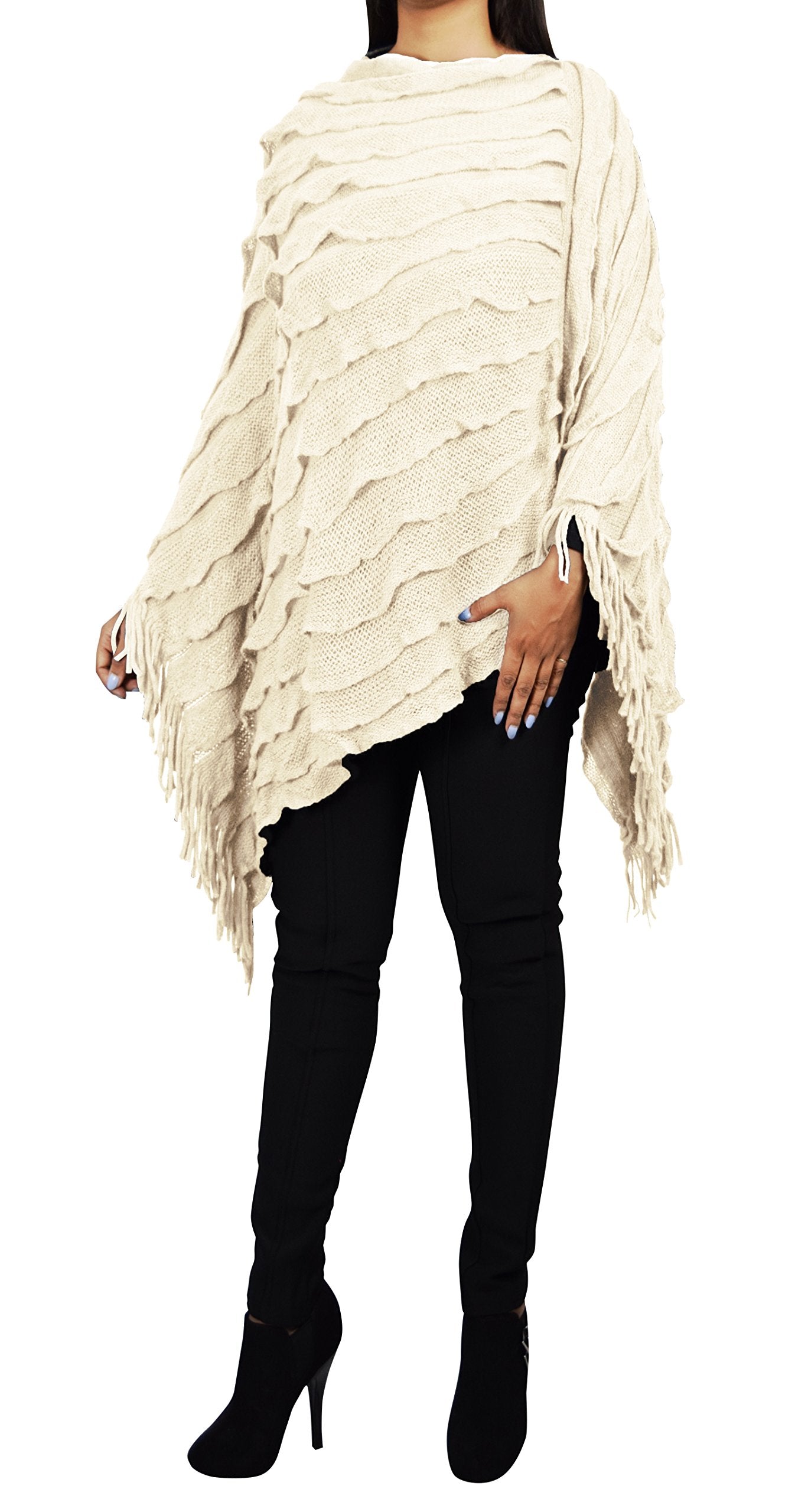 Stylish Women's Lightweight Ruffle Batwing Poncho Shawl with Fringe - Perfect for Fall Layering, Beach Cover-Up, and Boho Fashion Outfits