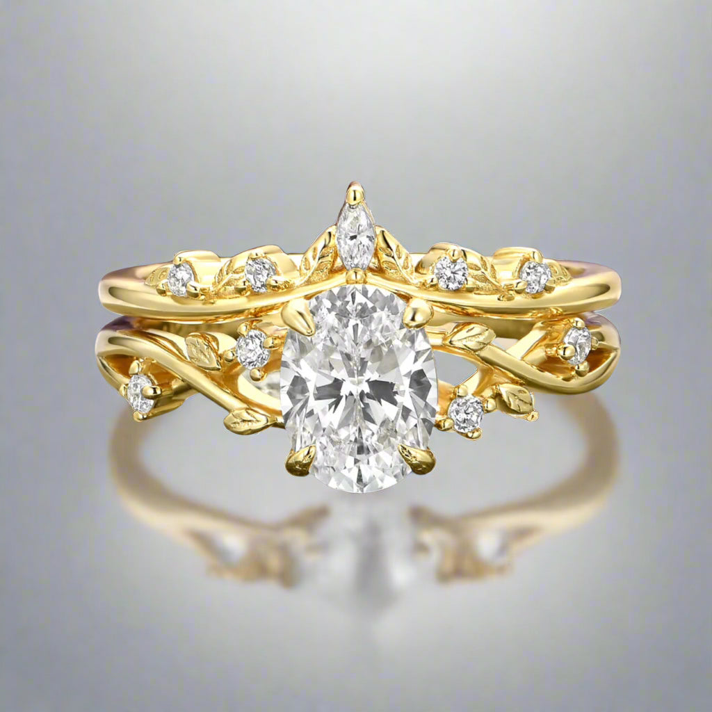 IGI Certified 14K Solid Yellow Gold Lab Grown Diamond Fairy Leaf Ring Set - Elegant Wedding, Engagement & Anniversary Jewelry Gift for Women