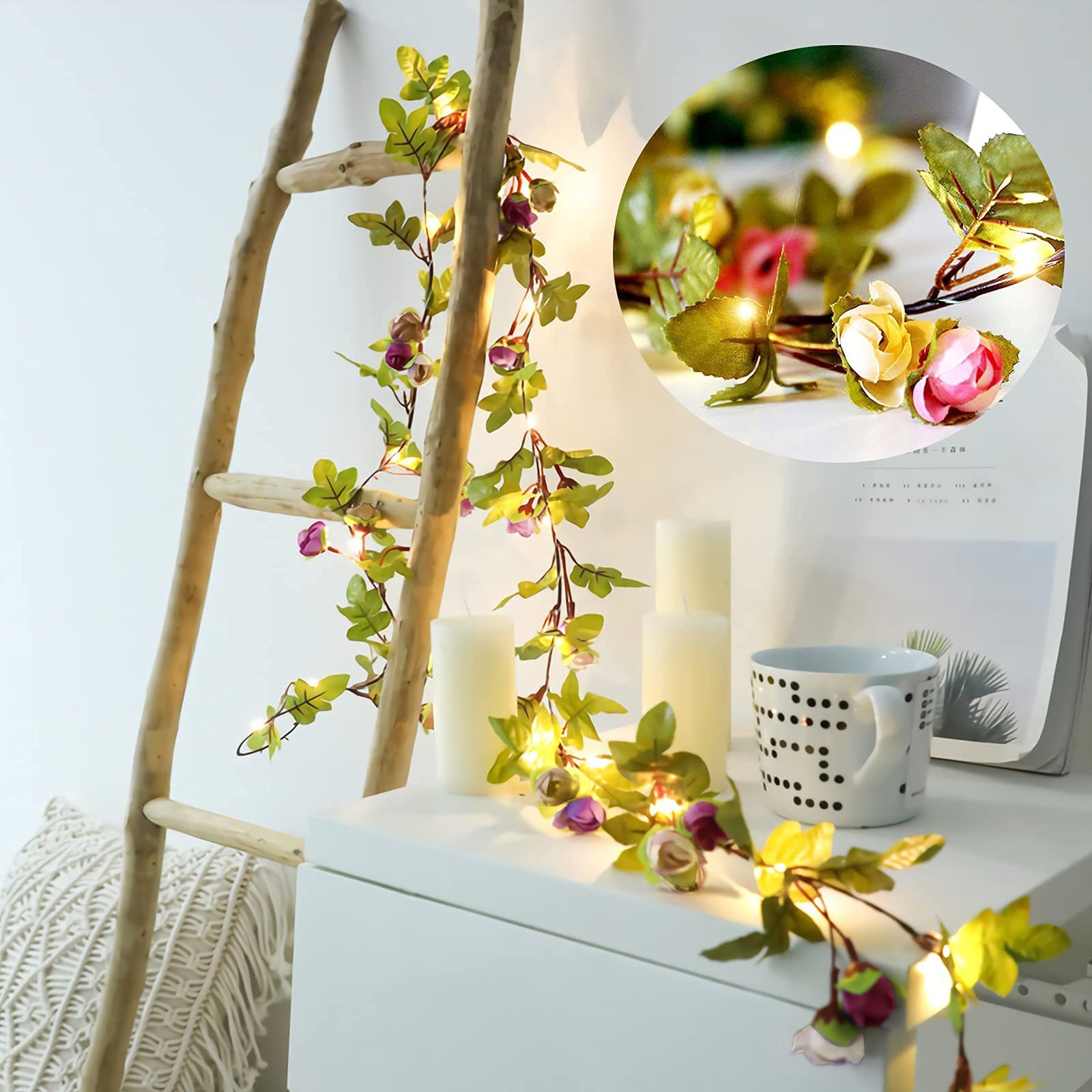 20 LED Artificial Rose Flower Vine String Lights - 2 Meter (6 ft) Battery Operated Rose Ivy Garland Fairy Lights for Wedding, Birthday, Garden Party Decor | Romantic Home, Bedroom, Patio Lighting Decorations