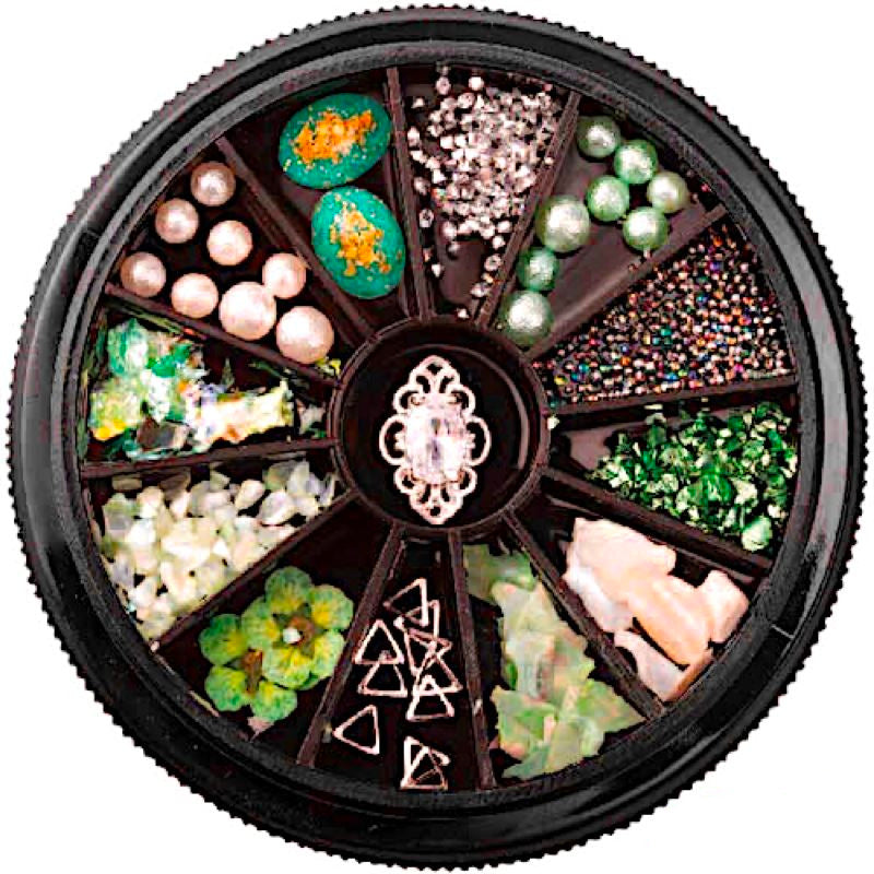 12-Piece Mixed Nail Art Decoration Wheels Kit with Rhinestones, Studs & Charms - DIY Manicure Accessories for Salon & Home Nail Designs