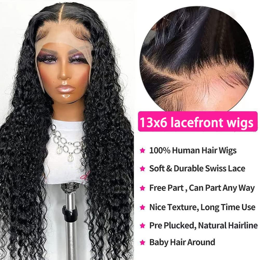 13x6 Deep Wave Lace Front Wigs Human Hair 28 Inch - 180% Density HD Curly Lace Frontal Wig with Pre-Plucked Baby Hair & Natural Hairline | Swiss Lace for Women | Perfect for Daily Wear, Parties & Special Occasions
