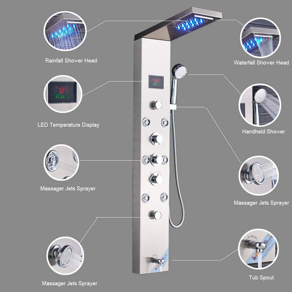 Premium Wall Mounted Bathroom Shower Panel Tower System - 8 Function LED Rainfall Showerhead, Massage Jets, Handheld Shower & Brushed Nickel Finish for Spa-Like Luxury Shower Experience | Perfect for Master Bathroom Renovation & Modern Home Upgrade