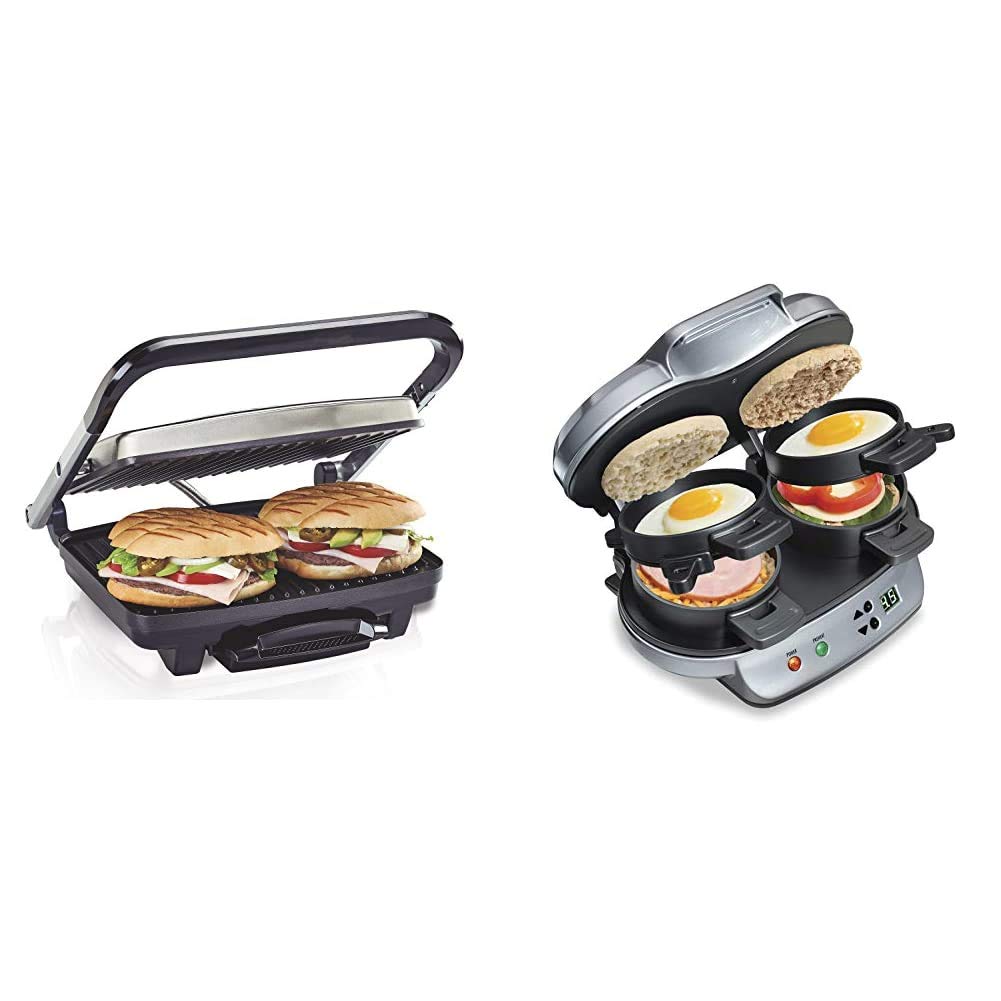 Hamilton Beach Panini Press & Sandwich Maker - Electric Indoor Grill (25410) & Dual Breakfast Sandwich Maker (25490A) - Perfect for Quick Meals, Paninis, Grilled Cheese, and Breakfast Sandwiches at Home or Office